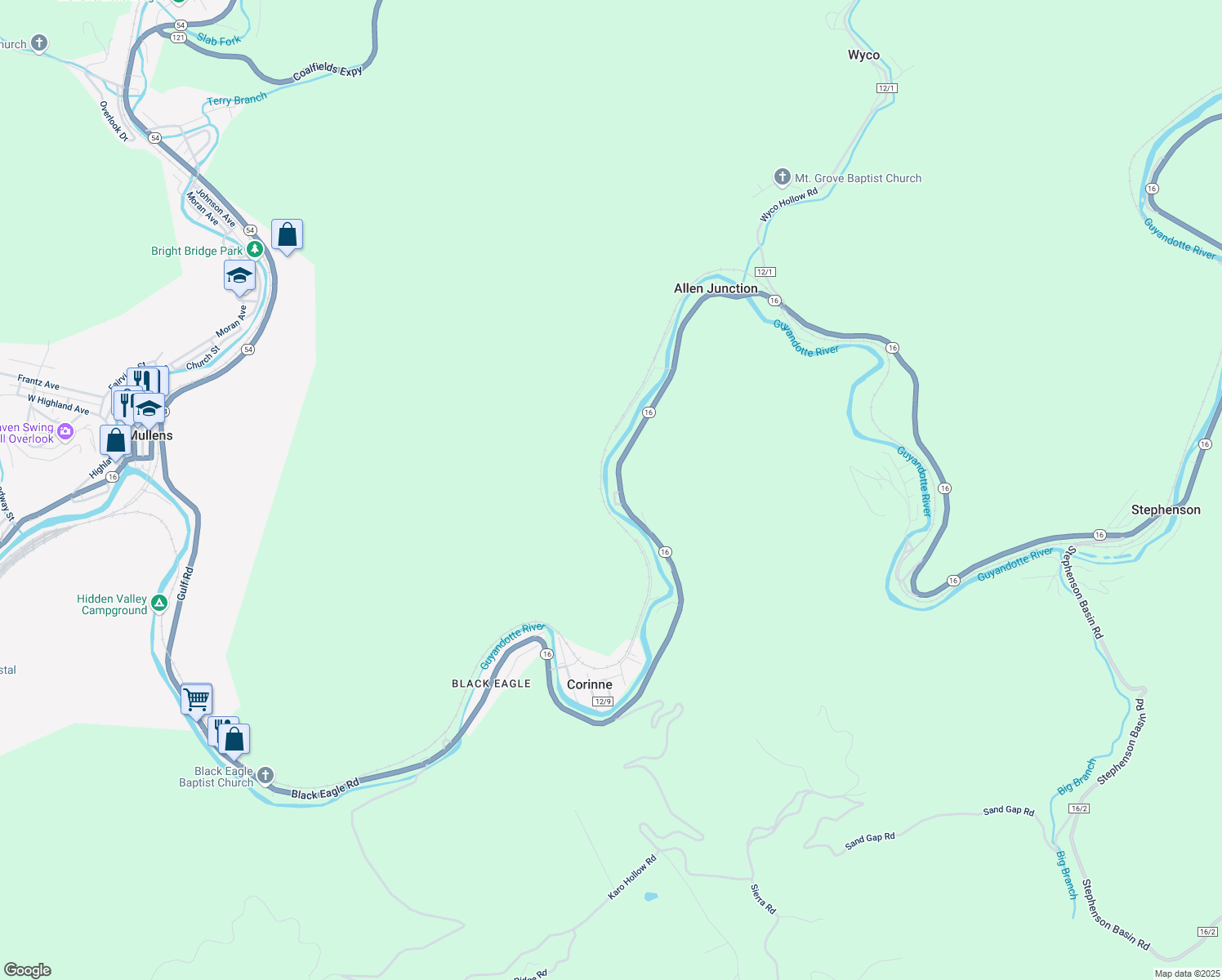 map of restaurants, bars, coffee shops, grocery stores, and more near West Virginia 16 in Mullens