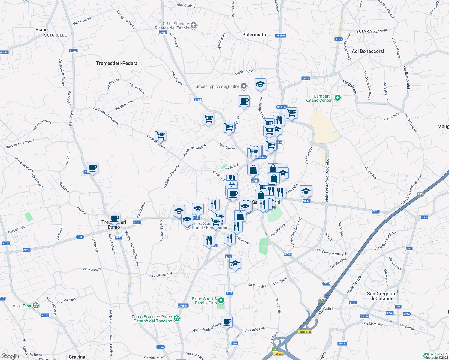 map of restaurants, bars, coffee shops, grocery stores, and more near 55 Via delle Sciare in Città metropolitana di Catania