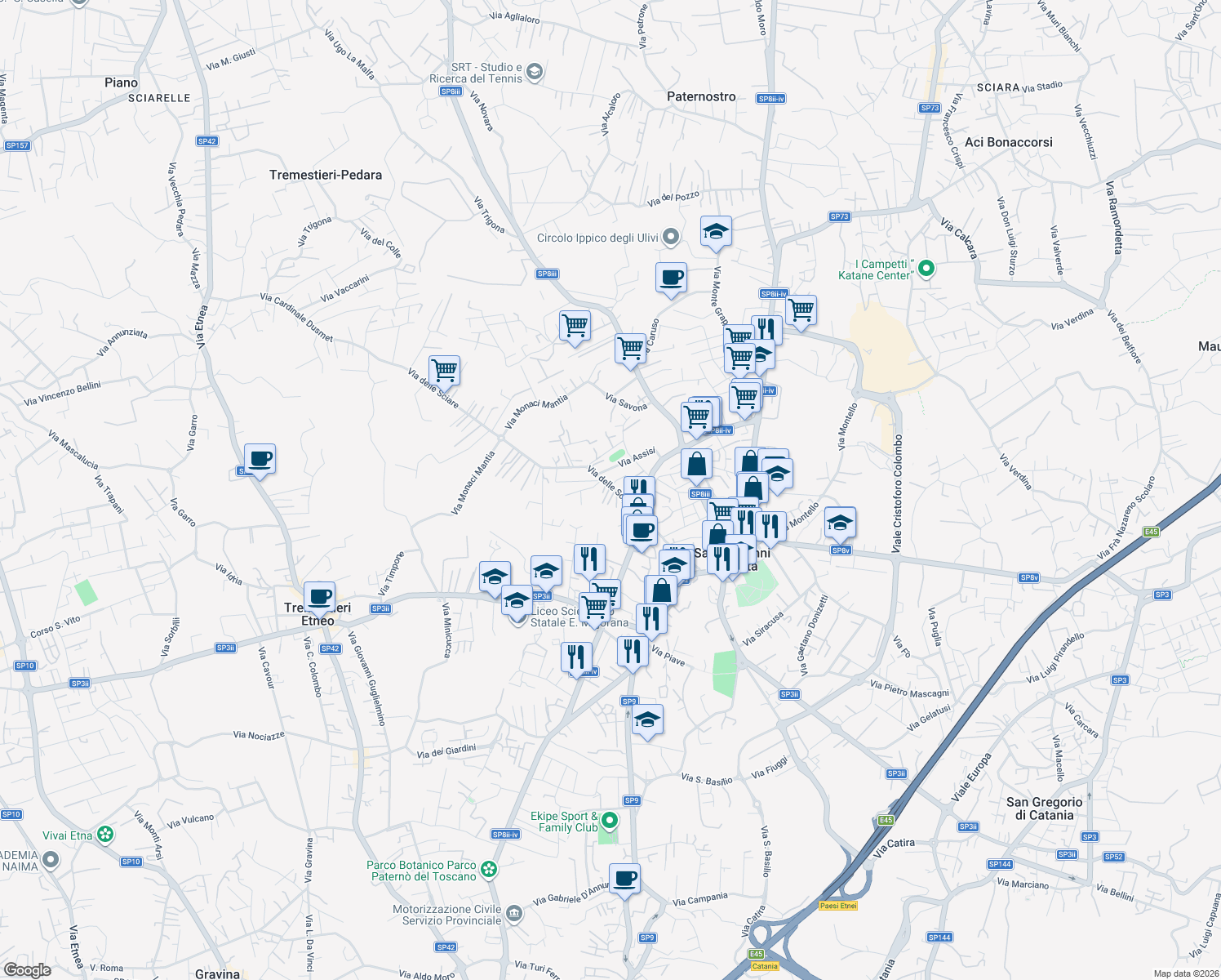 map of restaurants, bars, coffee shops, grocery stores, and more near 55 Via delle Sciare in Città metropolitana di Catania