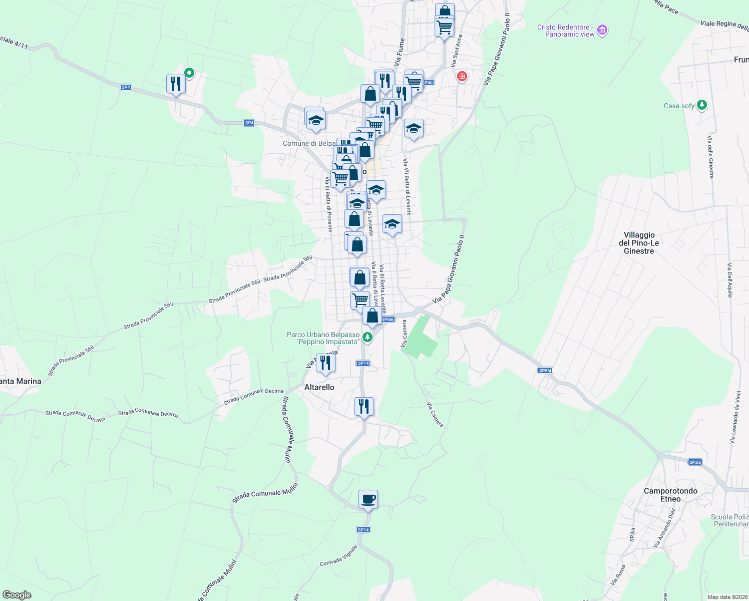map of restaurants, bars, coffee shops, grocery stores, and more near 28 Via II Retta di Levante in Belpasso