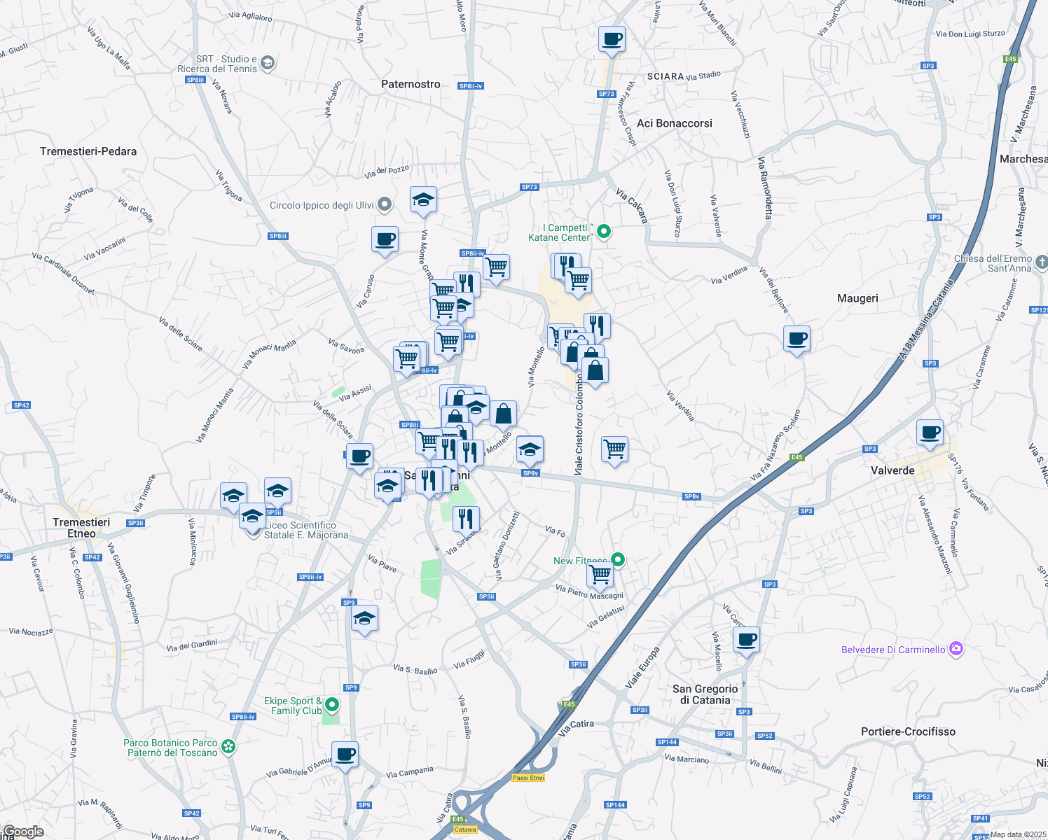 map of restaurants, bars, coffee shops, grocery stores, and more near 33C Via Montello in San Giovanni La Punta