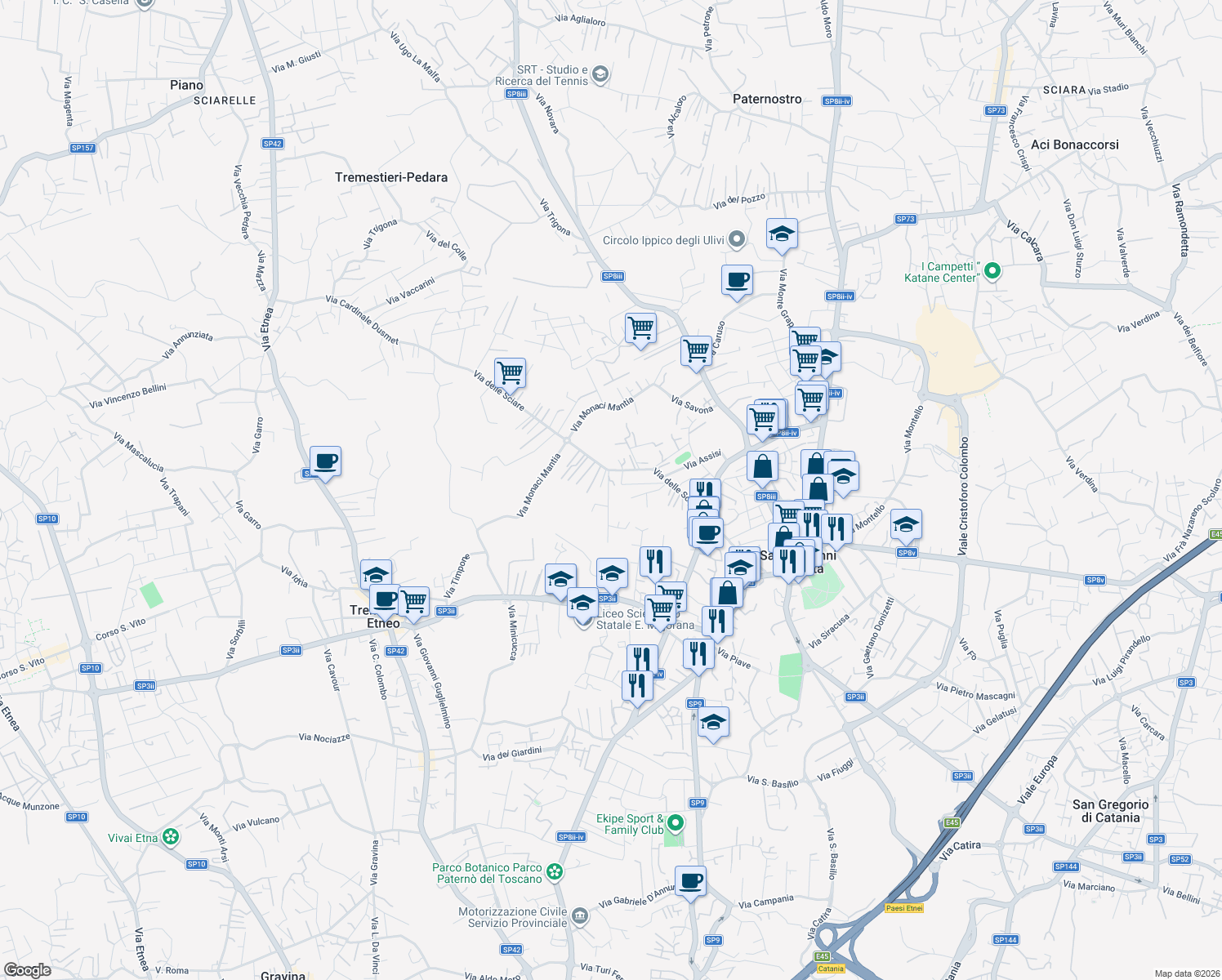 map of restaurants, bars, coffee shops, grocery stores, and more near 14 Via Maestrale in Città metropolitana di Catania