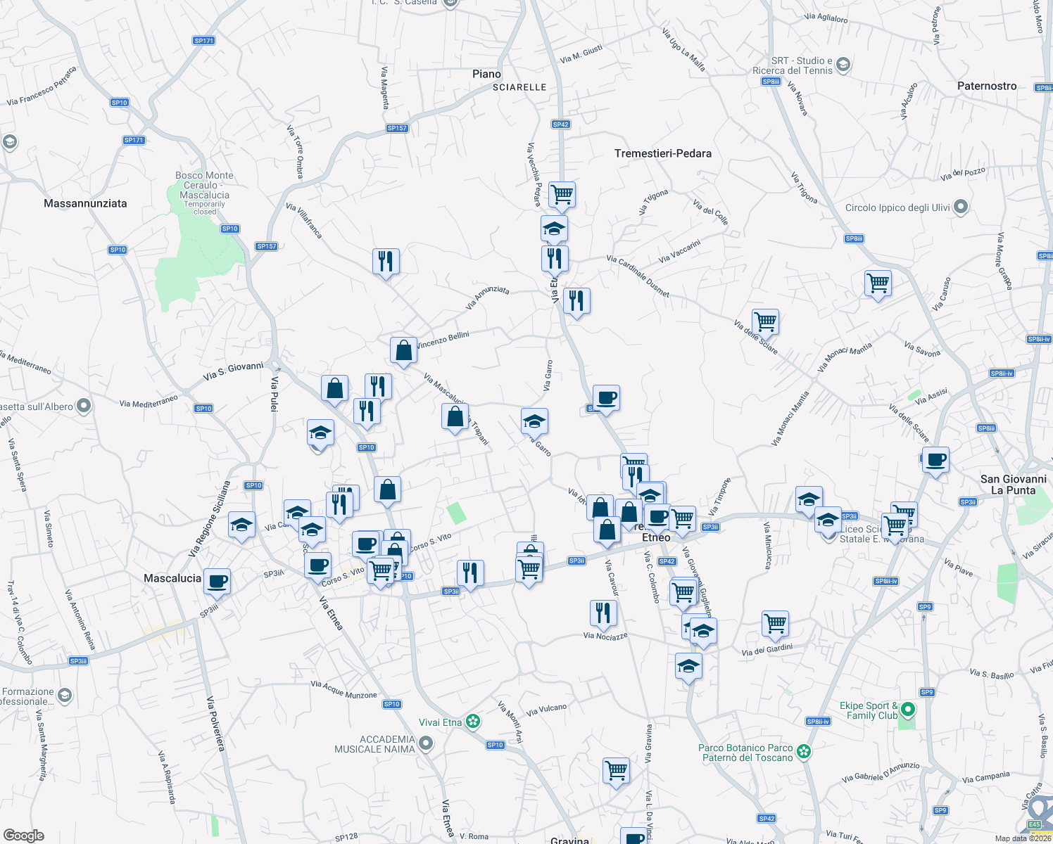 map of restaurants, bars, coffee shops, grocery stores, and more near 86 Via Garro in Tremestieri Etneo