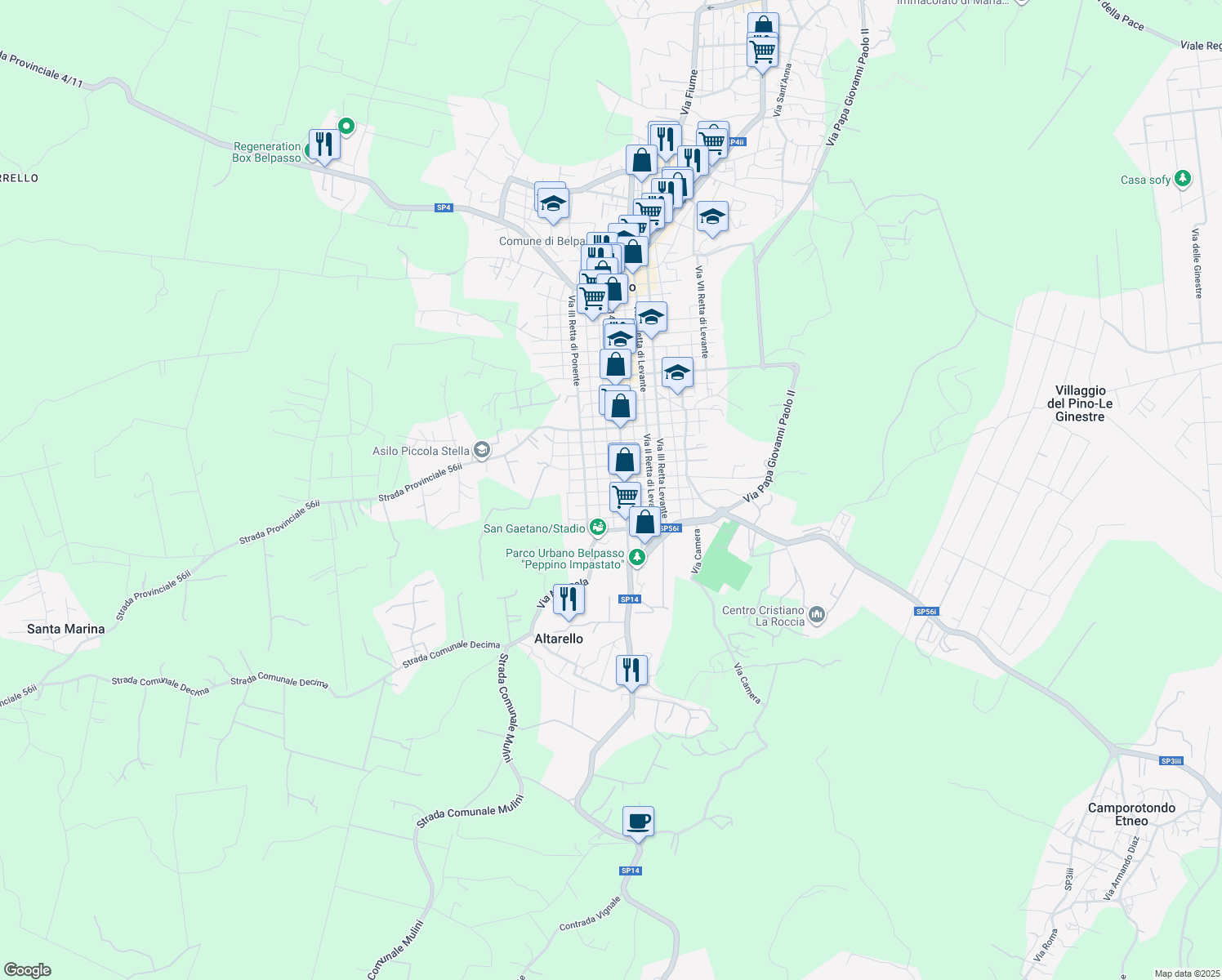 map of restaurants, bars, coffee shops, grocery stores, and more near 109 Via II Traversa in Belpasso