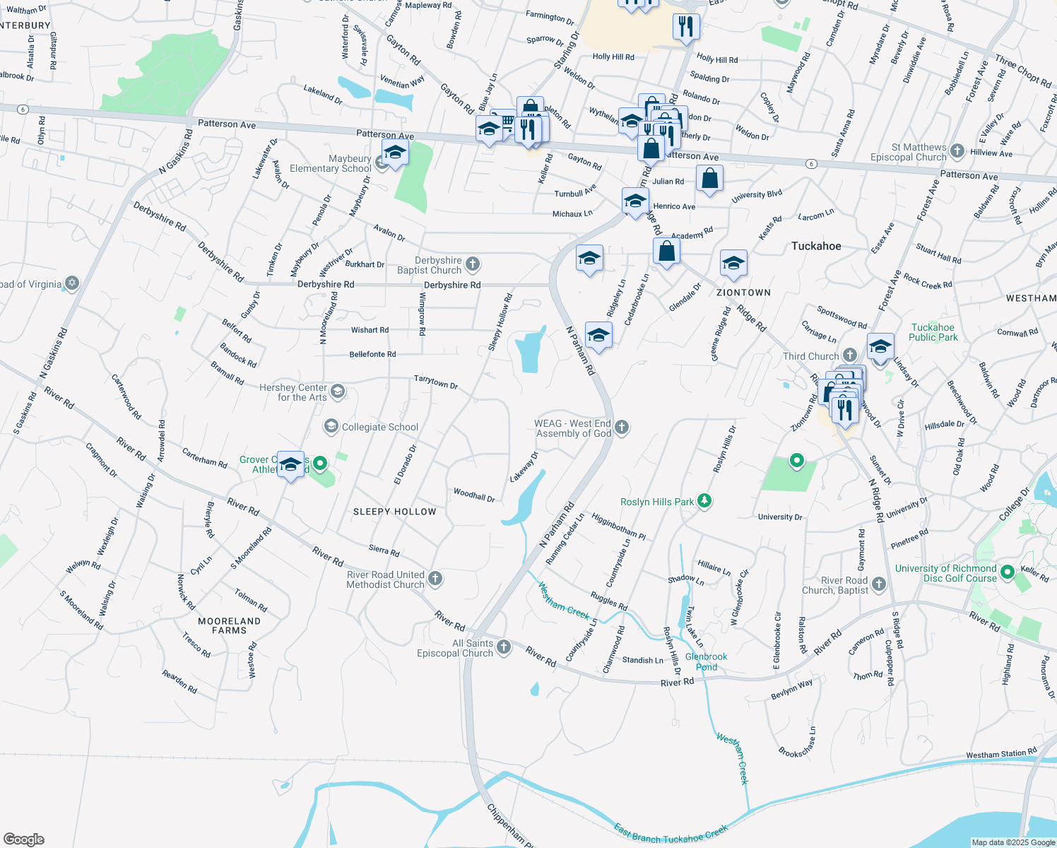 map of restaurants, bars, coffee shops, grocery stores, and more near 404 September Drive in Henrico