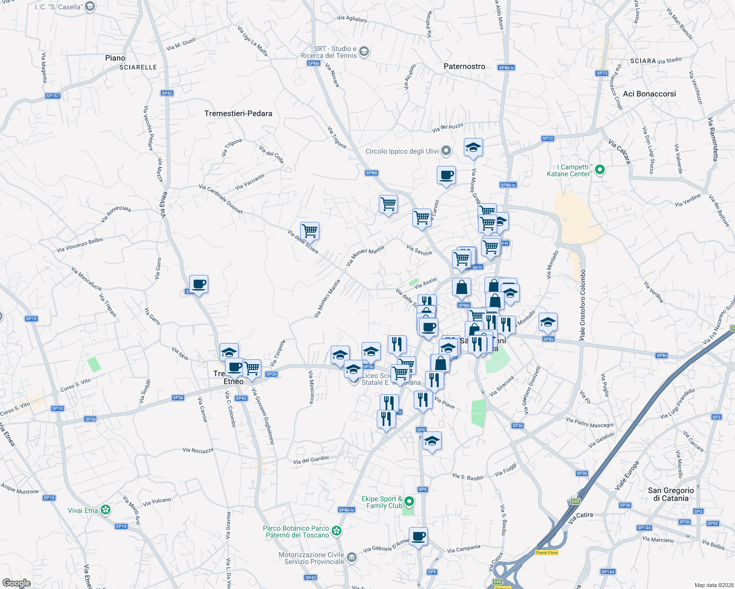 map of restaurants, bars, coffee shops, grocery stores, and more near 14 Via Maestrale in Città metropolitana di Catania