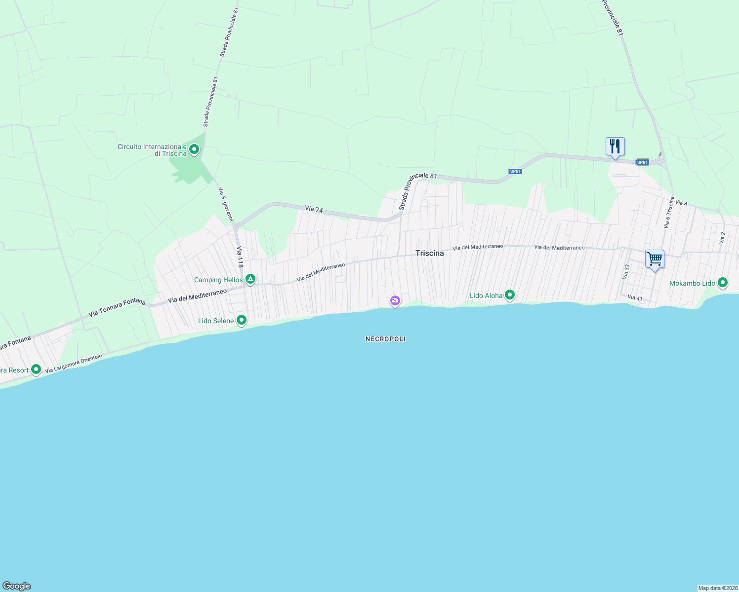 map of restaurants, bars, coffee shops, grocery stores, and more near 127 Via 127 in Triscina