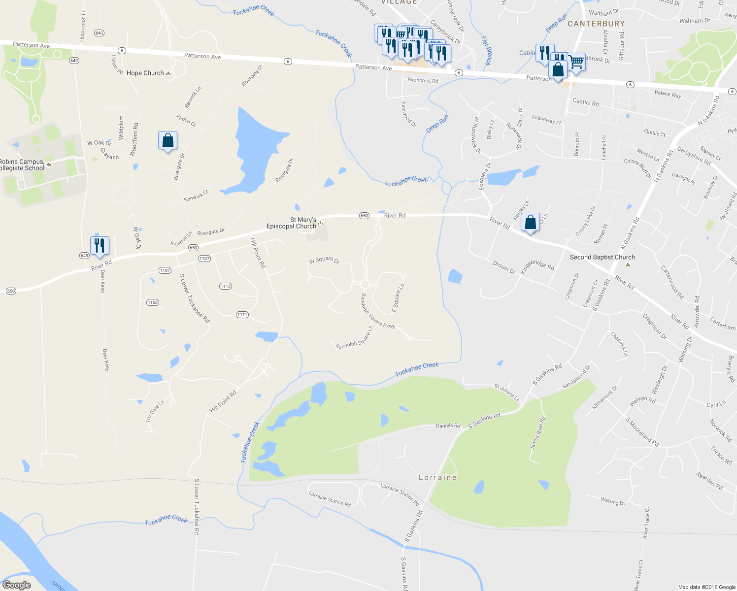 map of restaurants, bars, coffee shops, grocery stores, and more near 4 East Square Lane in Richmond