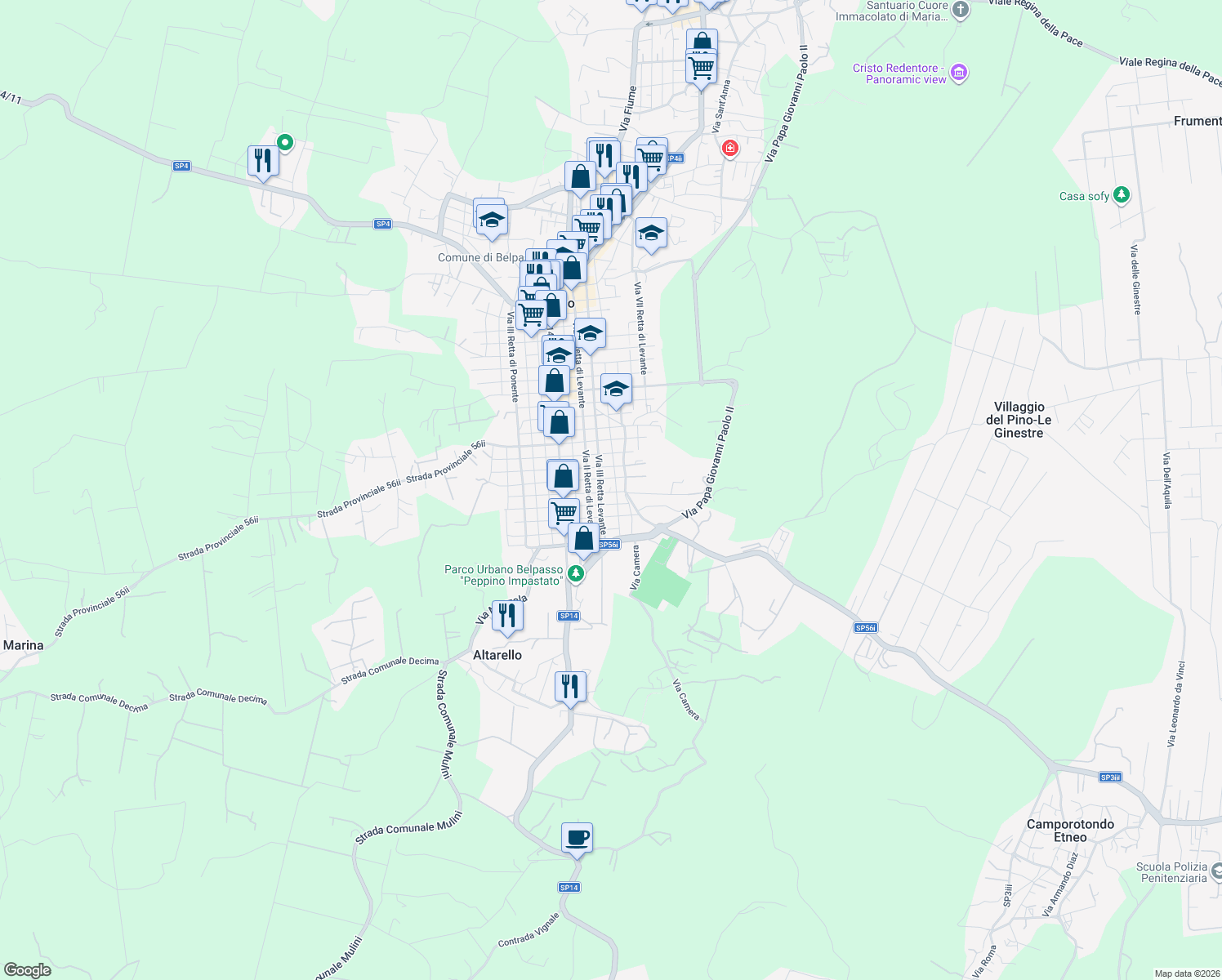 map of restaurants, bars, coffee shops, grocery stores, and more near 68 Via IV Retta Levante in Belpasso