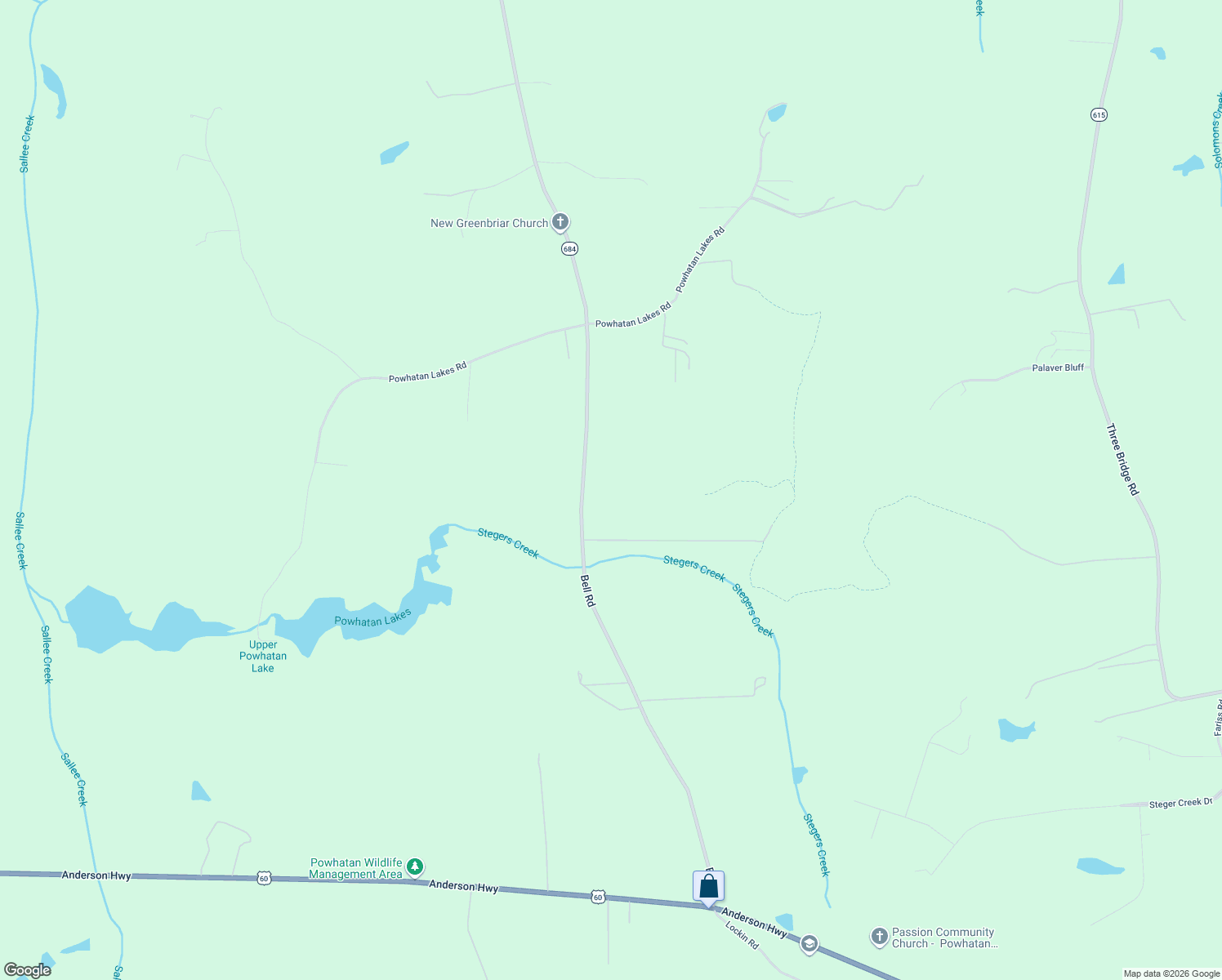 map of restaurants, bars, coffee shops, grocery stores, and more near 4658 Bell Road in Powhatan