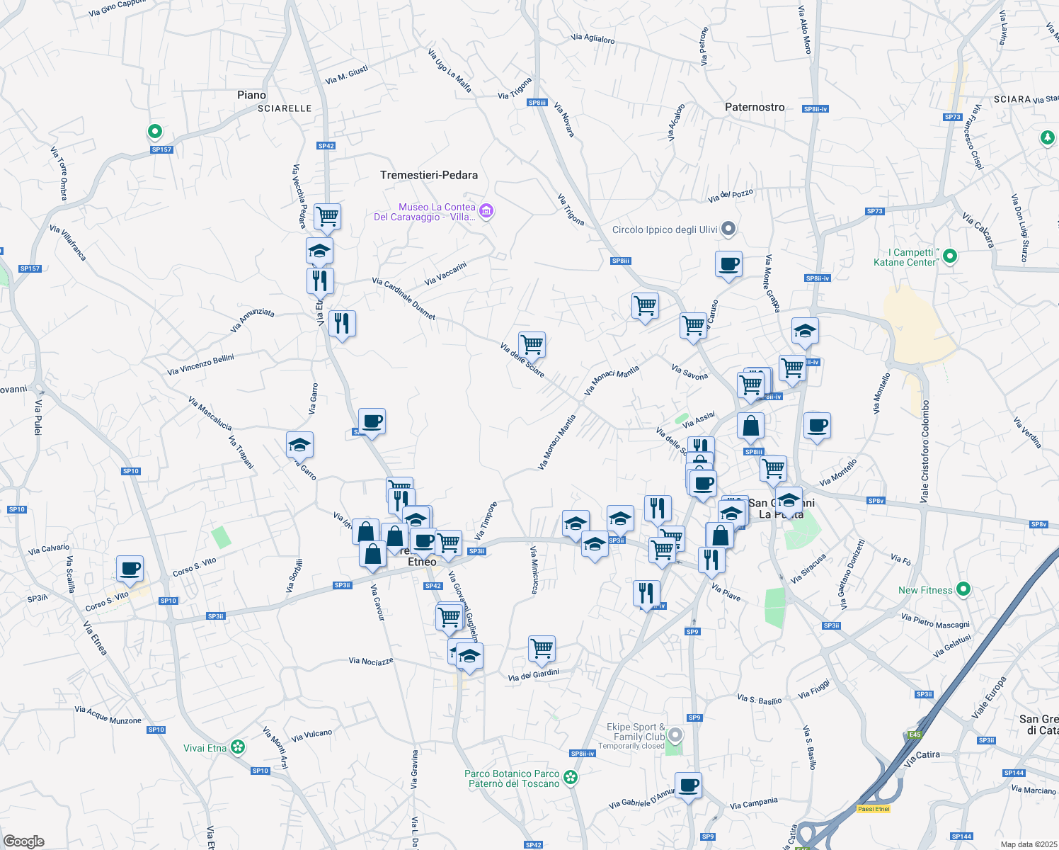 map of restaurants, bars, coffee shops, grocery stores, and more near 24A B Via Mario Famà in Città metropolitana di Catania