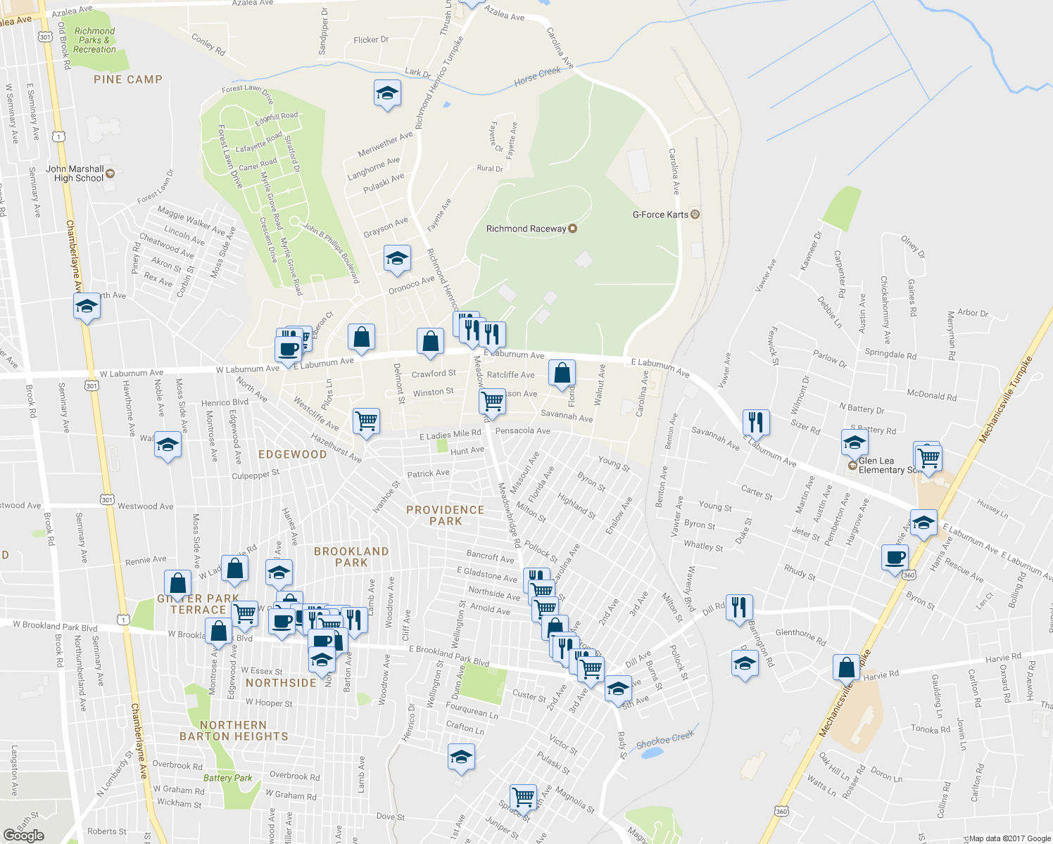 map of restaurants, bars, coffee shops, grocery stores, and more near 3704 Patrick Avenue in Richmond