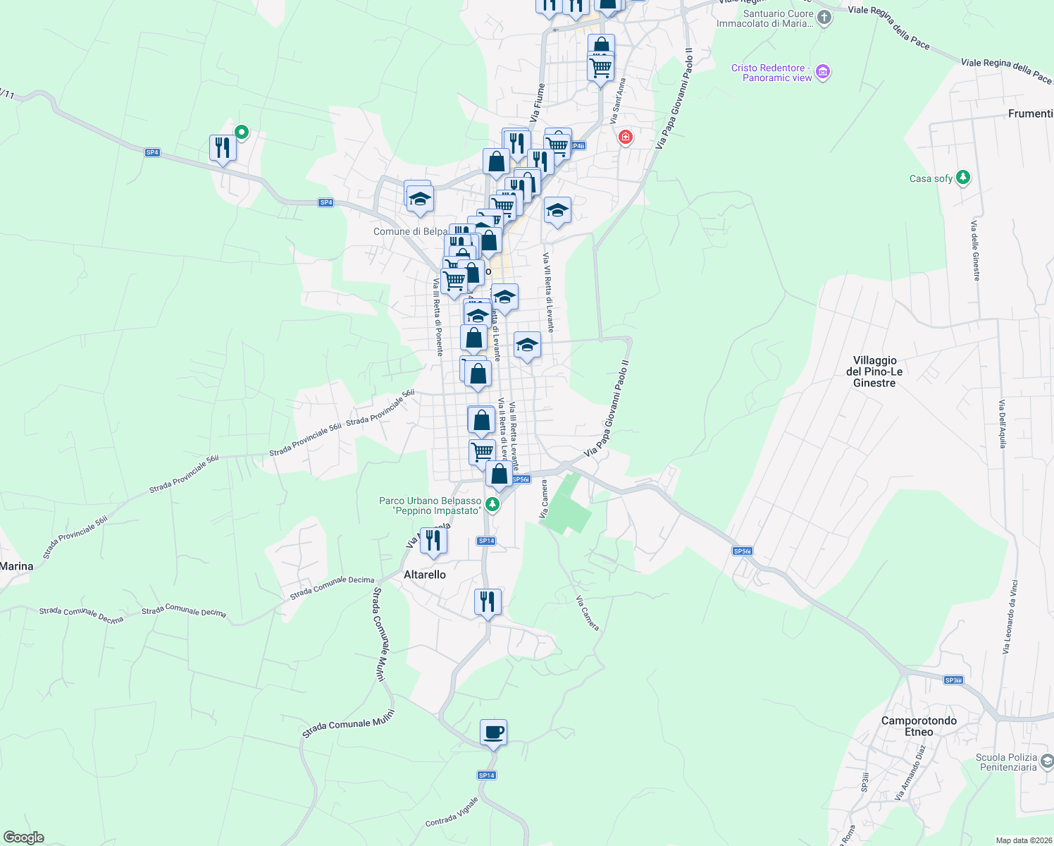 map of restaurants, bars, coffee shops, grocery stores, and more near 68 Via IV Retta Levante in Belpasso
