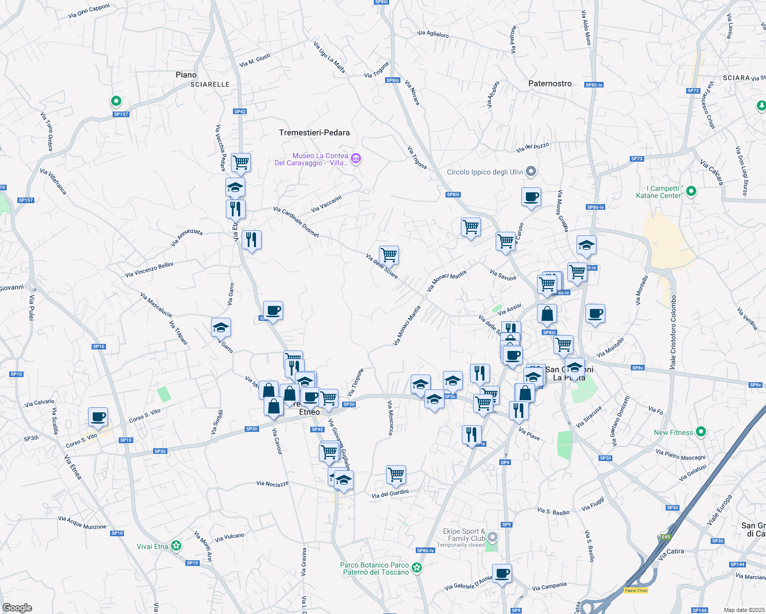 map of restaurants, bars, coffee shops, grocery stores, and more near 24A B Via Mario Famà in Città metropolitana di Catania