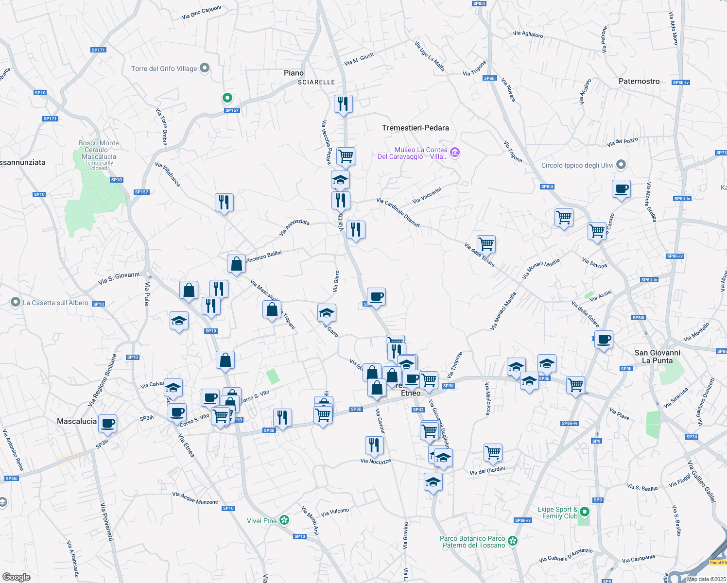 map of restaurants, bars, coffee shops, grocery stores, and more near 383 Via Etnea in Tremestieri Etneo