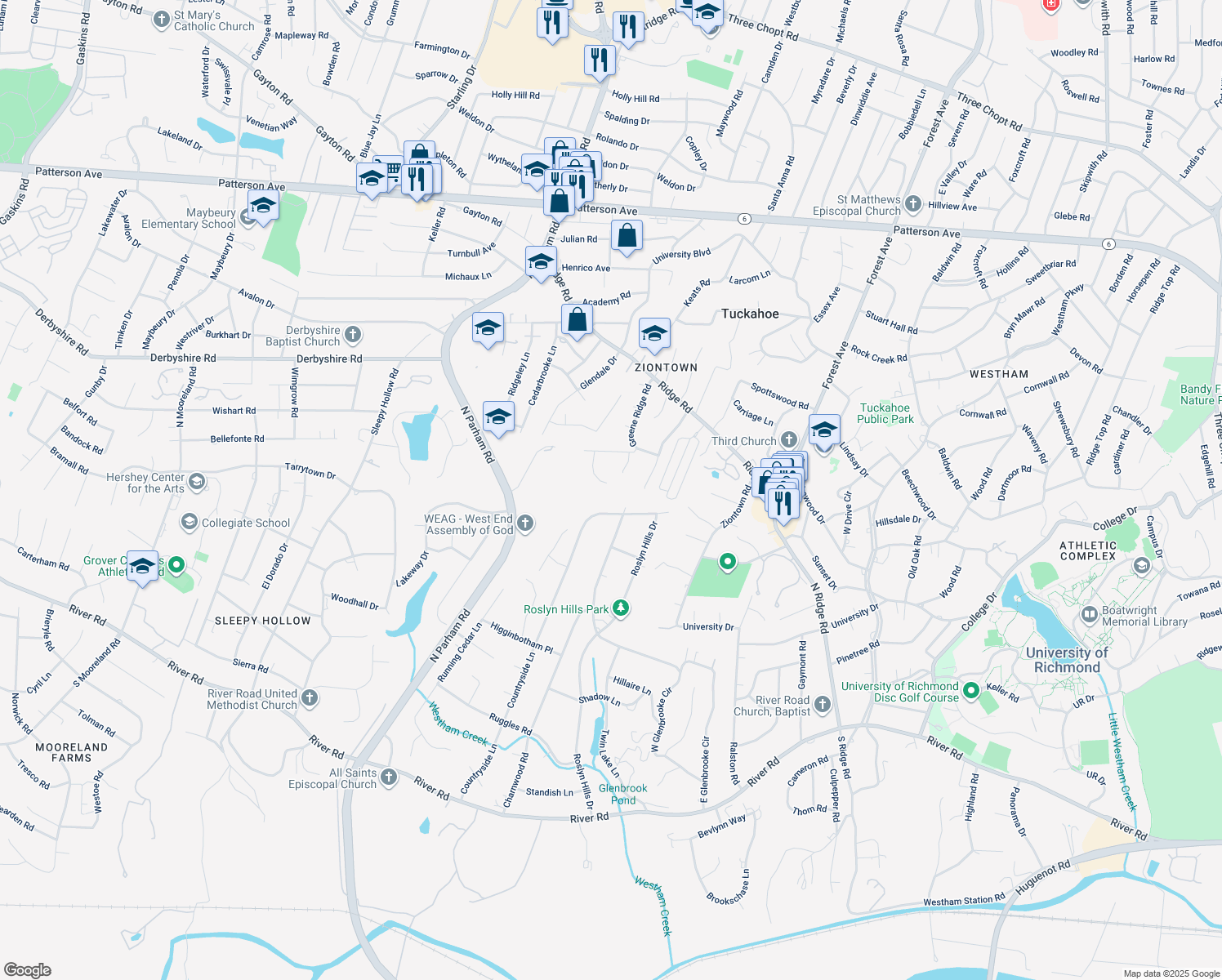 map of restaurants, bars, coffee shops, grocery stores, and more near 404 Poplar Hill Court in Richmond