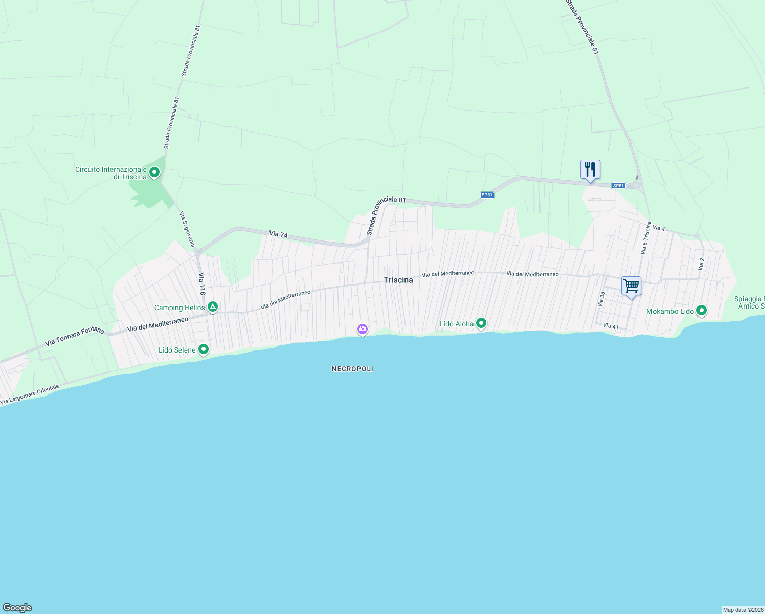 map of restaurants, bars, coffee shops, grocery stores, and more near 35 Via 109 in Triscina