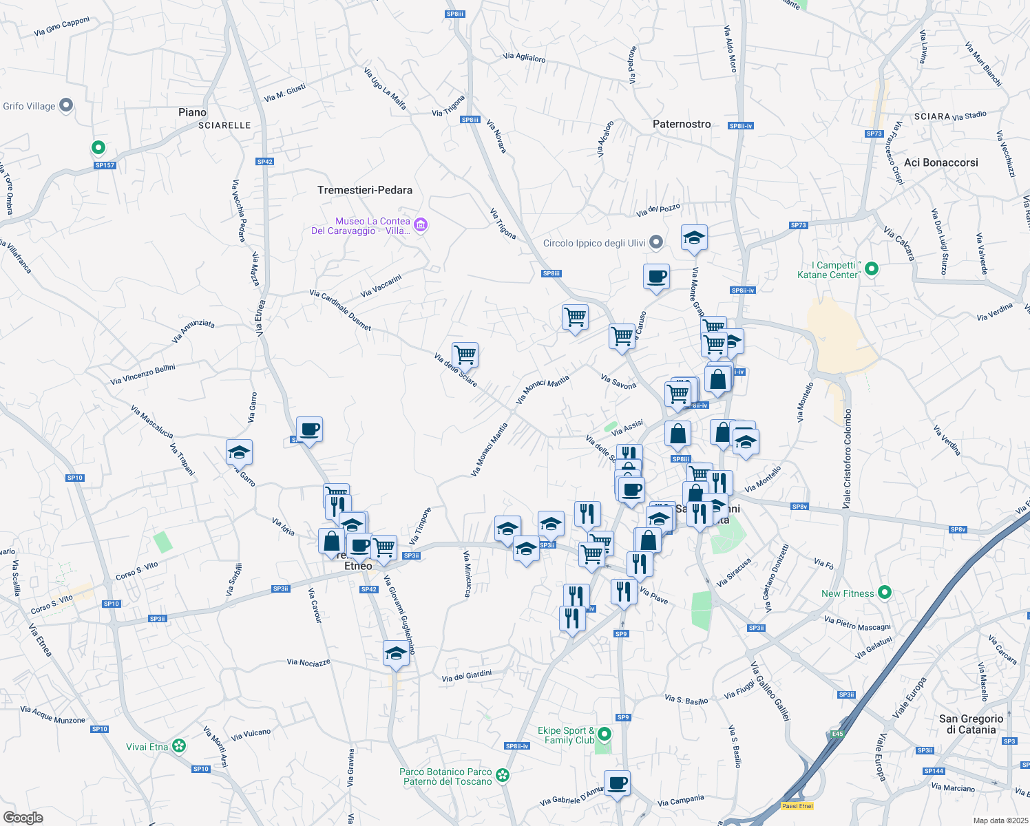 map of restaurants, bars, coffee shops, grocery stores, and more near 74 Via Monaci Mantia in Catania