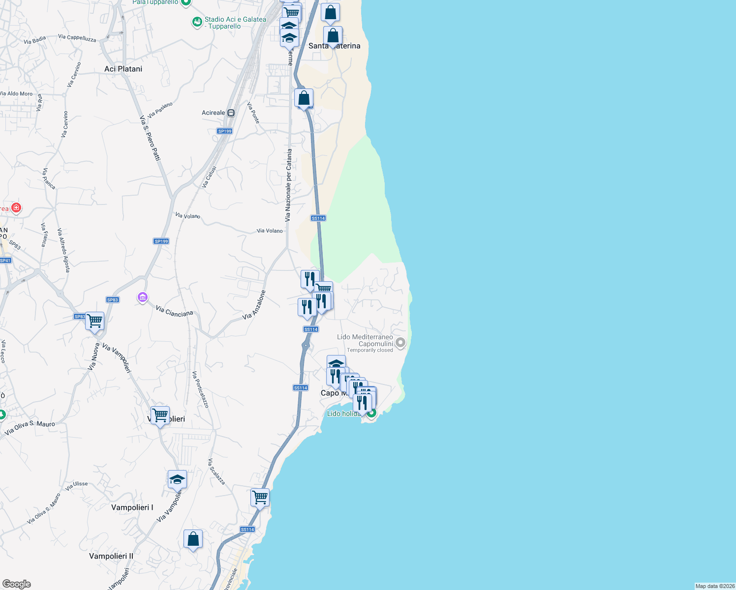 map of restaurants, bars, coffee shops, grocery stores, and more near 8 Via dei Maceratoi in Acireale