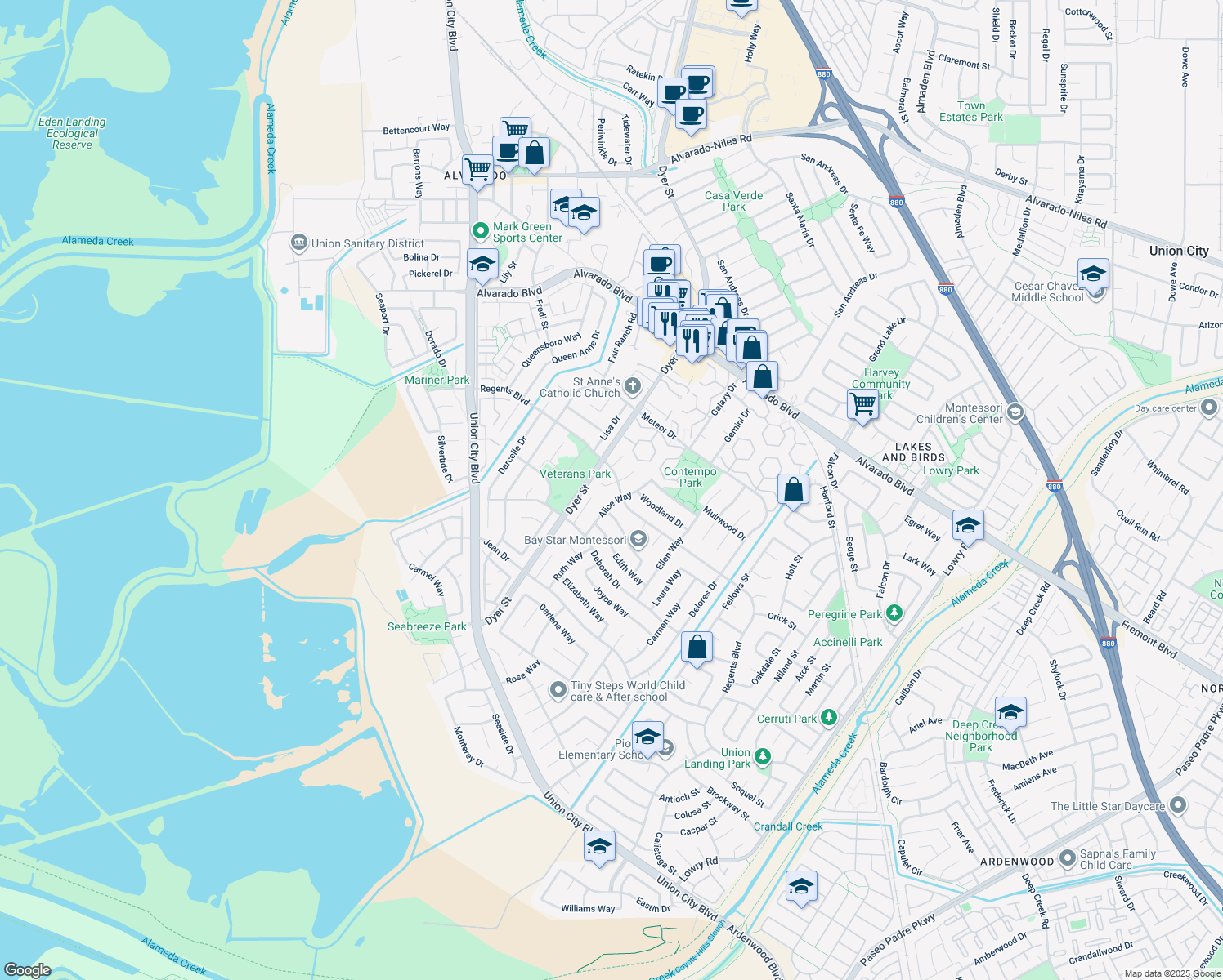 map of restaurants, bars, coffee shops, grocery stores, and more near 4506 Birchwood Ct in Union City