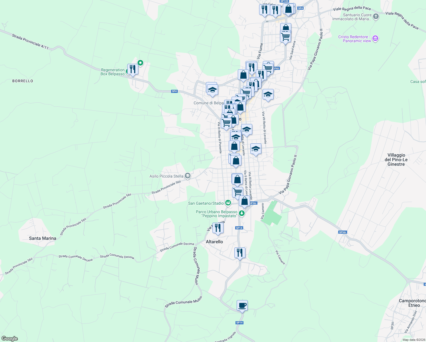 map of restaurants, bars, coffee shops, grocery stores, and more near 165 Via VIII Traversa in Belpasso
