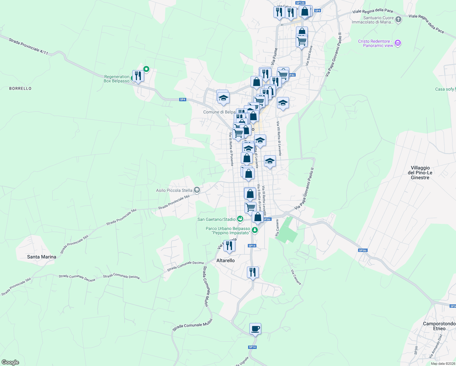 map of restaurants, bars, coffee shops, grocery stores, and more near 165 Via VIII Traversa in Belpasso