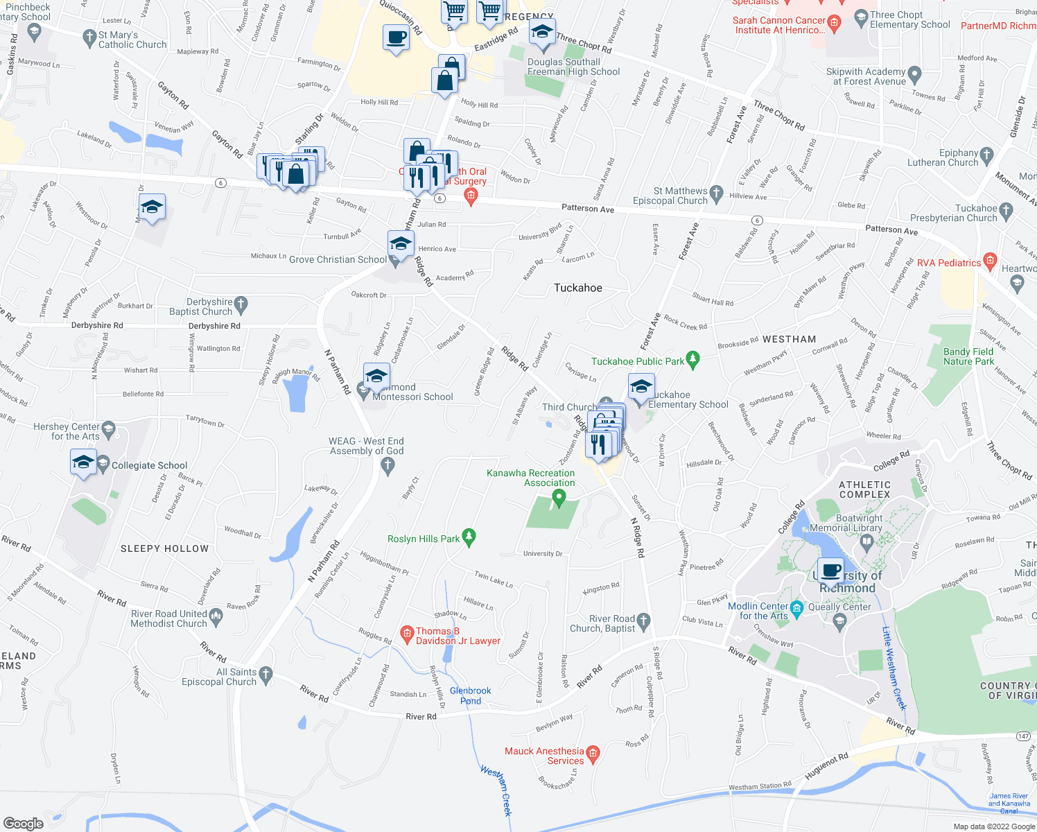 map of restaurants, bars, coffee shops, grocery stores, and more near 543 Saint Albans Way in Richmond