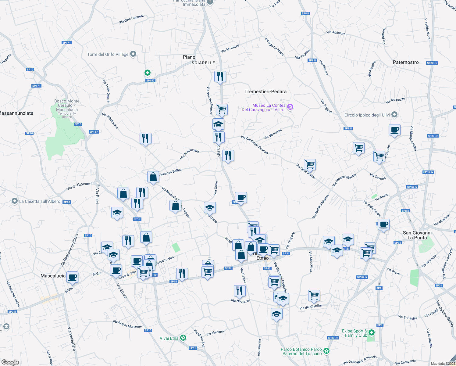 map of restaurants, bars, coffee shops, grocery stores, and more near 383 Via Etnea in Tremestieri Etneo