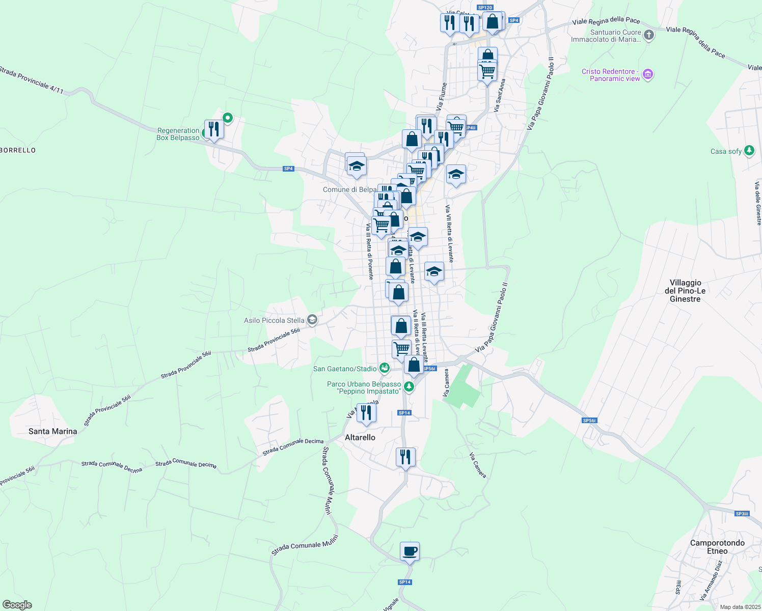 map of restaurants, bars, coffee shops, grocery stores, and more near 151B Via I Retta di Ponente in Belpasso