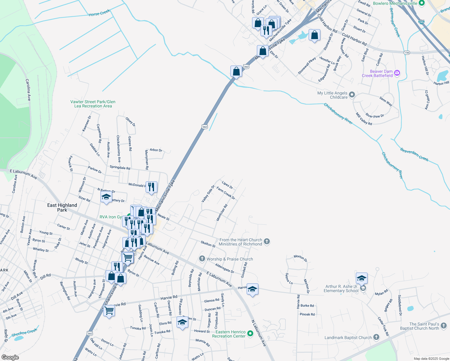 map of restaurants, bars, coffee shops, grocery stores, and more near 2810 Lipes Drive in Richmond