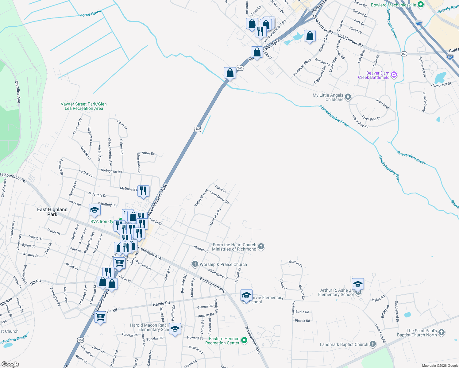 map of restaurants, bars, coffee shops, grocery stores, and more near 4217 Lipes Court in Richmond