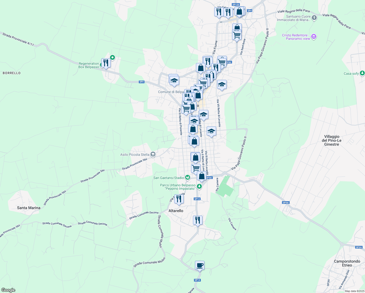 map of restaurants, bars, coffee shops, grocery stores, and more near 151B Via I Retta di Ponente in Belpasso