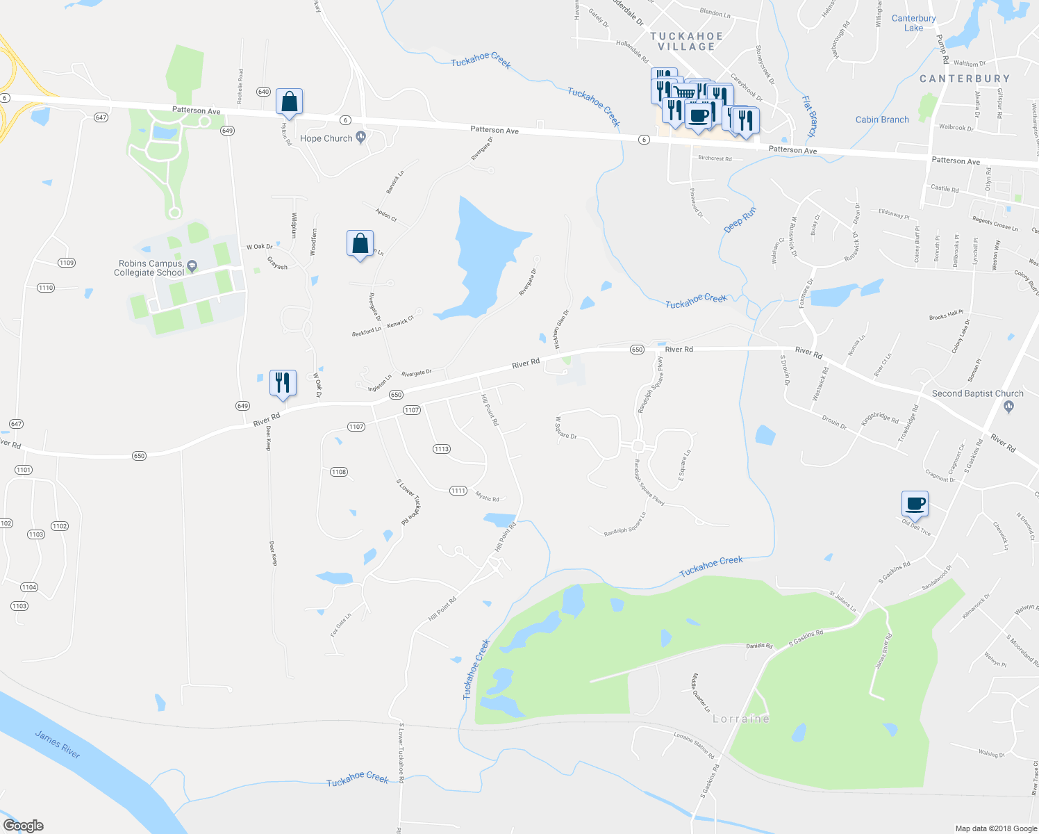 map of restaurants, bars, coffee shops, grocery stores, and more near 6 Dunaway Drive in Richmond