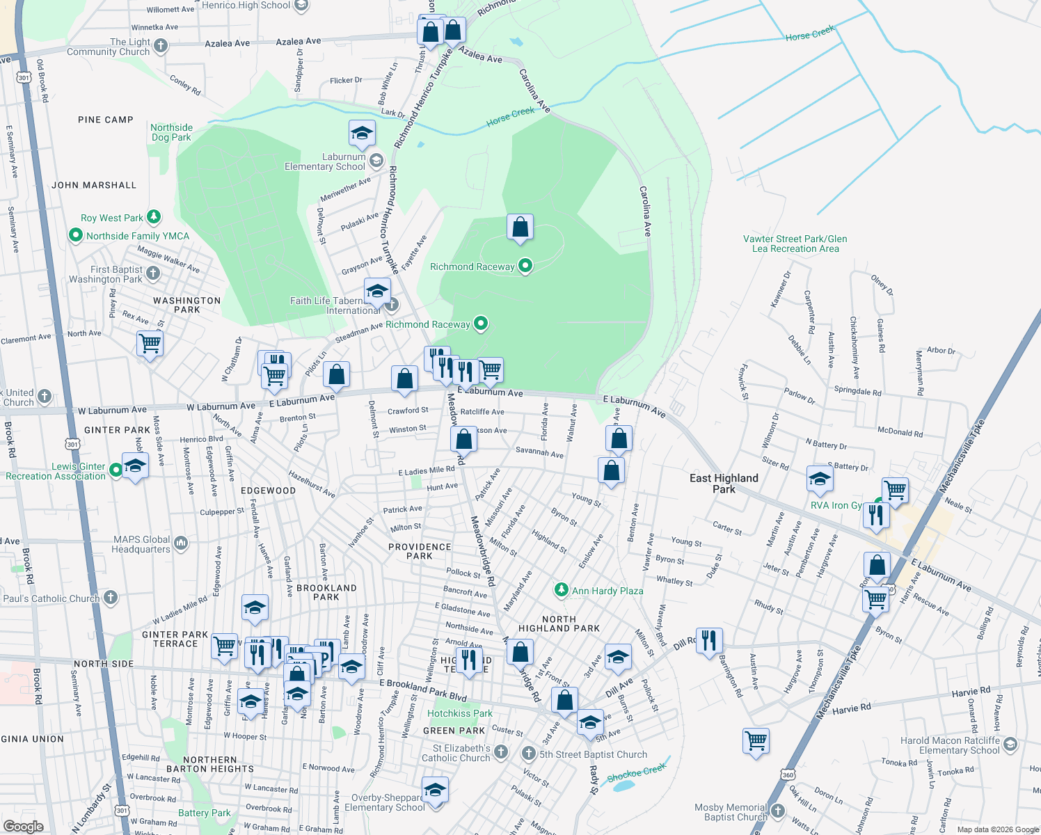 map of restaurants, bars, coffee shops, grocery stores, and more near 711 Ratcliffe Avenue in Richmond