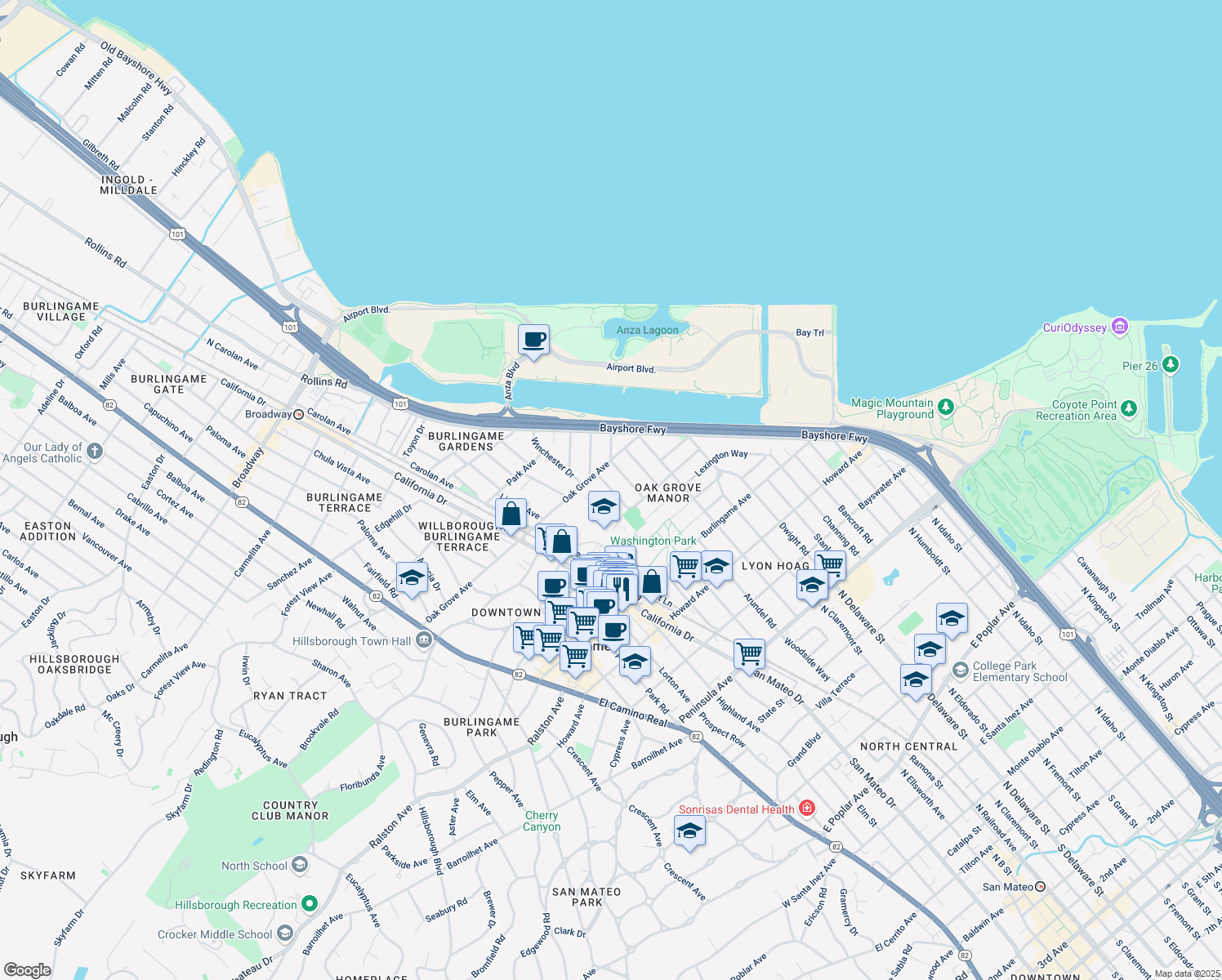 map of restaurants, bars, coffee shops, grocery stores, and more near 453 Chatham Road in Burlingame