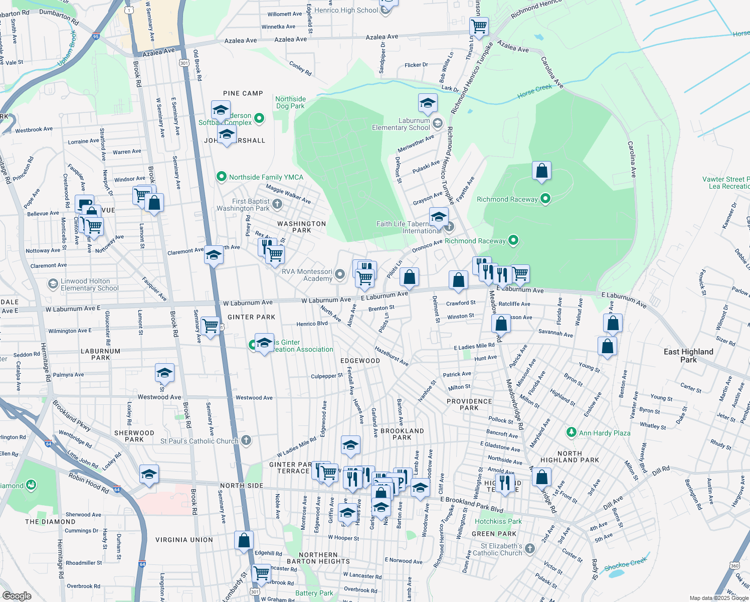 map of restaurants, bars, coffee shops, grocery stores, and more near 13 East Laburnum Avenue in Richmond
