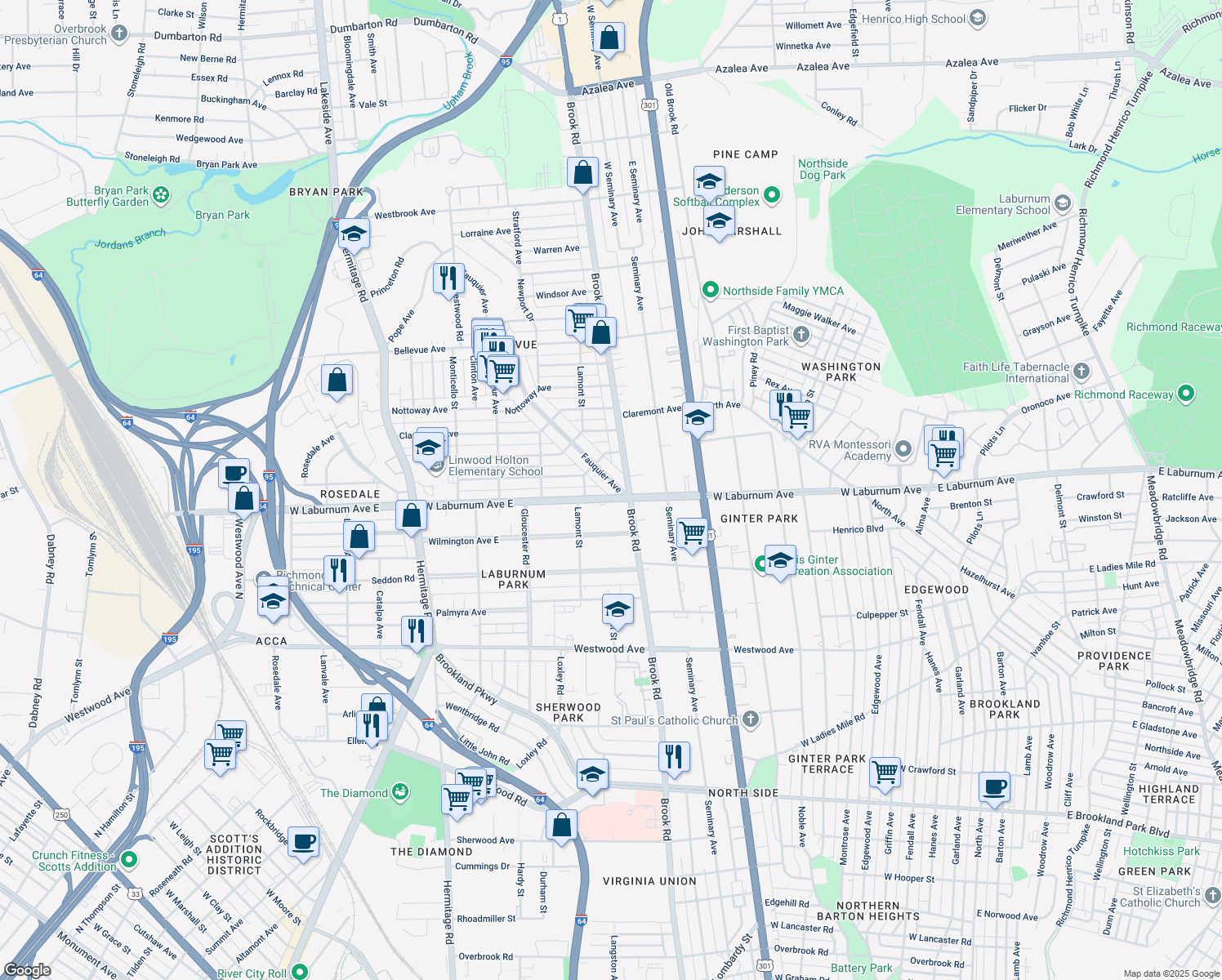 map of restaurants, bars, coffee shops, grocery stores, and more near 3802 Fauquier Avenue in Richmond