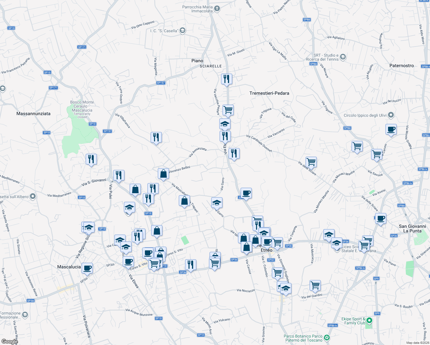 map of restaurants, bars, coffee shops, grocery stores, and more near 22 Via Vincenzo Bellini in Tremestieri Etneo