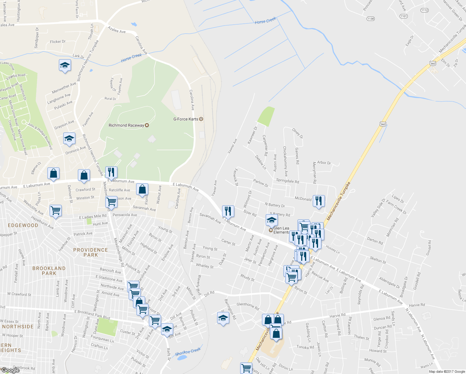 map of restaurants, bars, coffee shops, grocery stores, and more near 1613 Lyndover Road in Richmond