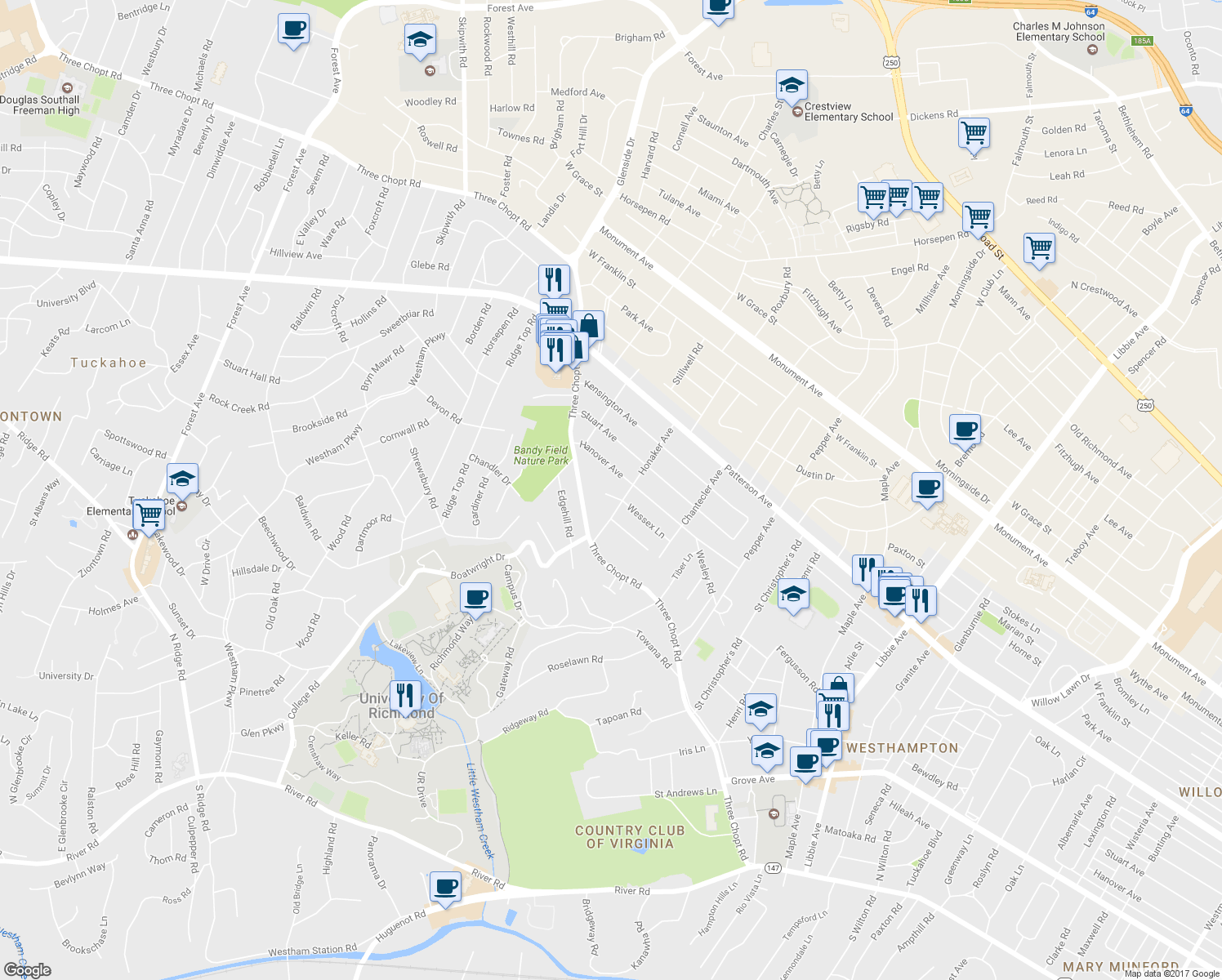 map of restaurants, bars, coffee shops, grocery stores, and more near 6706 Wessex Lane in Richmond