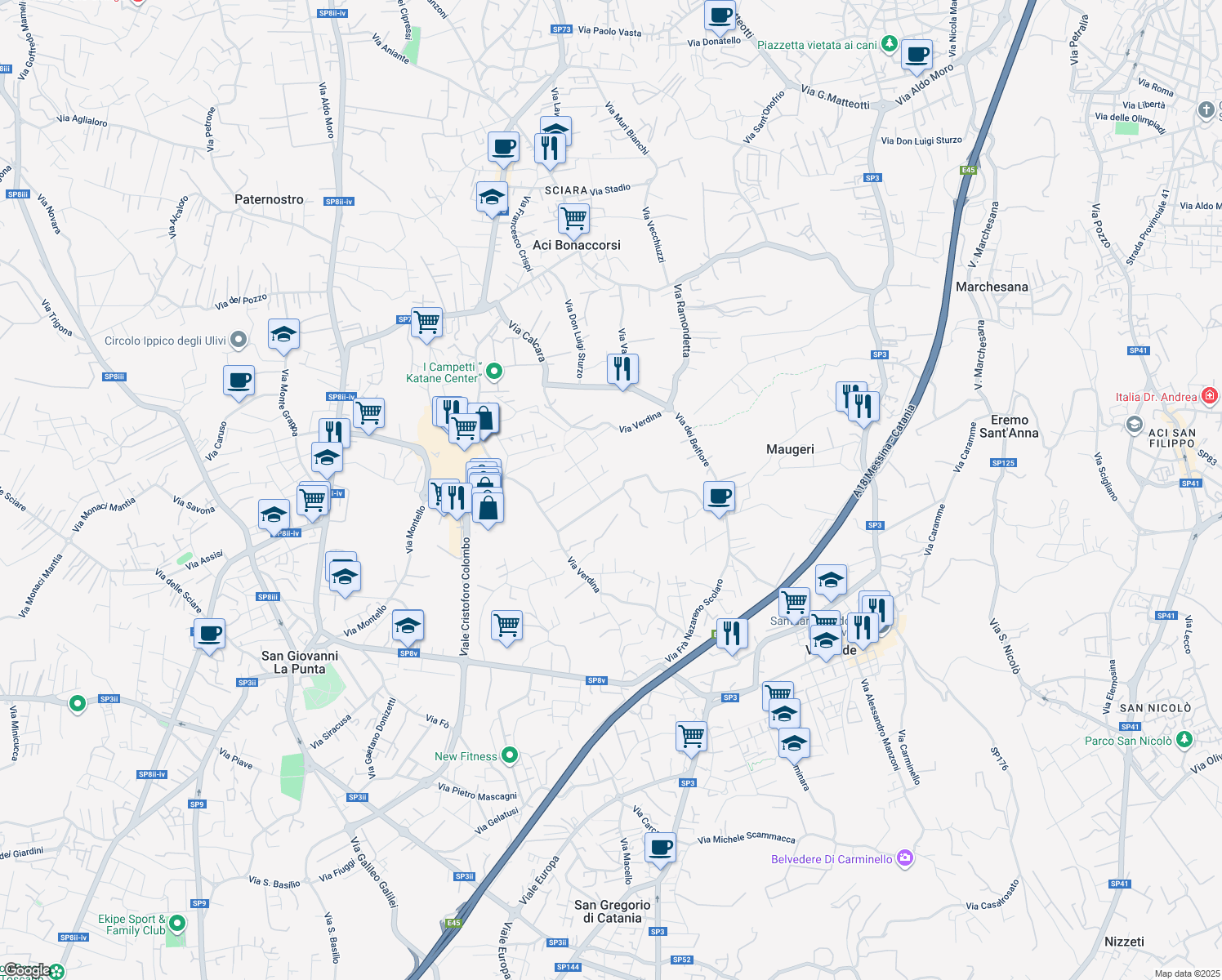 map of restaurants, bars, coffee shops, grocery stores, and more near 29 Via Monaci di Belfiore in Maugeri