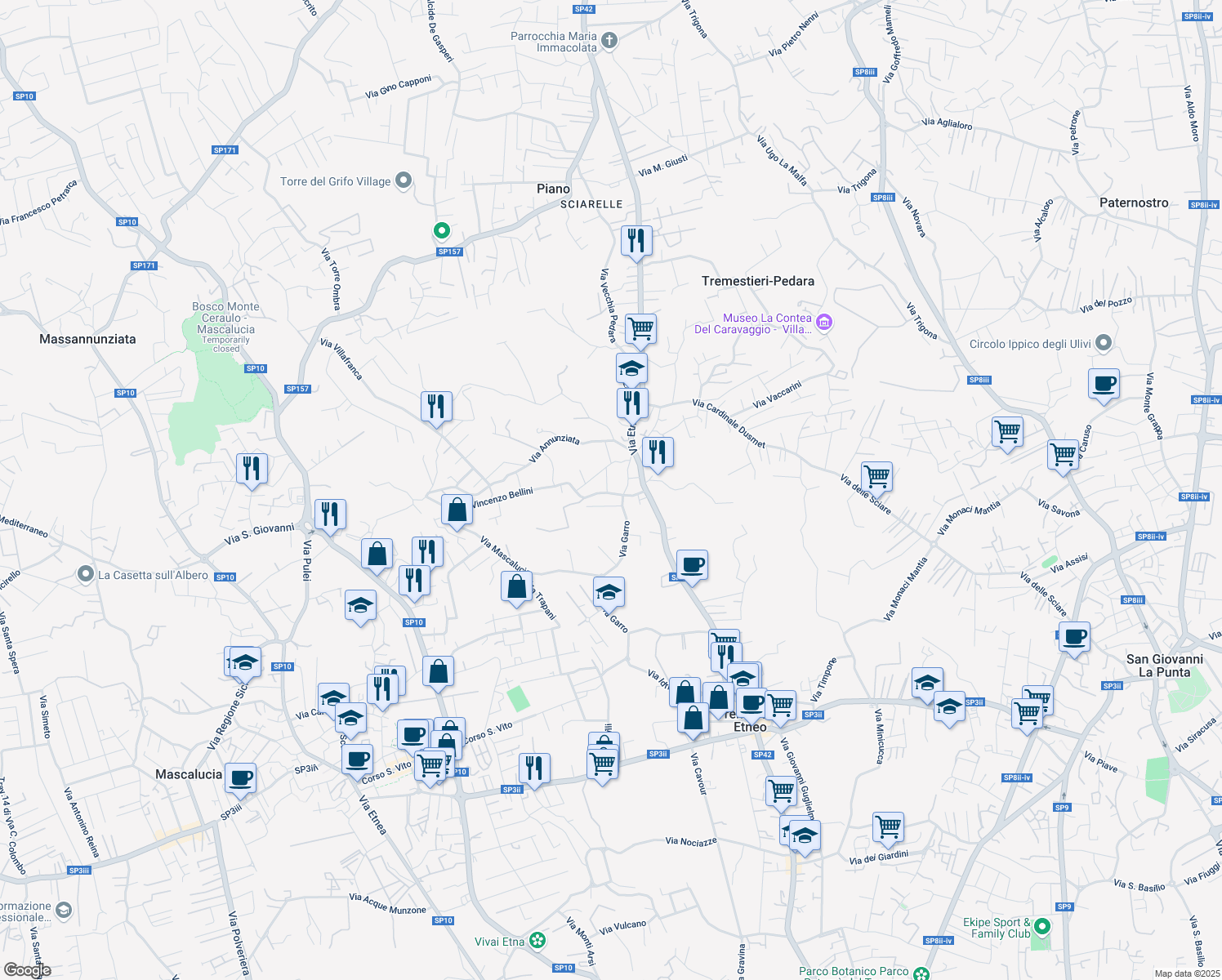 map of restaurants, bars, coffee shops, grocery stores, and more near 22 Via Vincenzo Bellini in Tremestieri Etneo