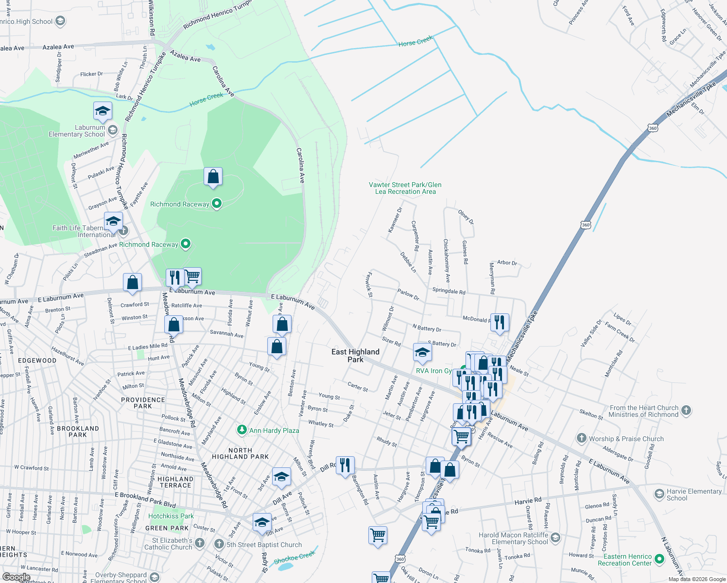 map of restaurants, bars, coffee shops, grocery stores, and more near 1606 Lyndover Road in Richmond