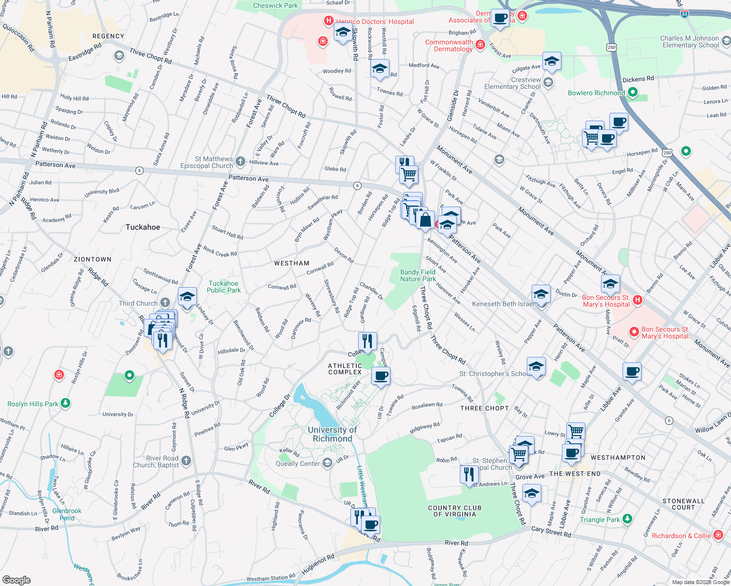 map of restaurants, bars, coffee shops, grocery stores, and more near 516 Gardiner Road in Richmond