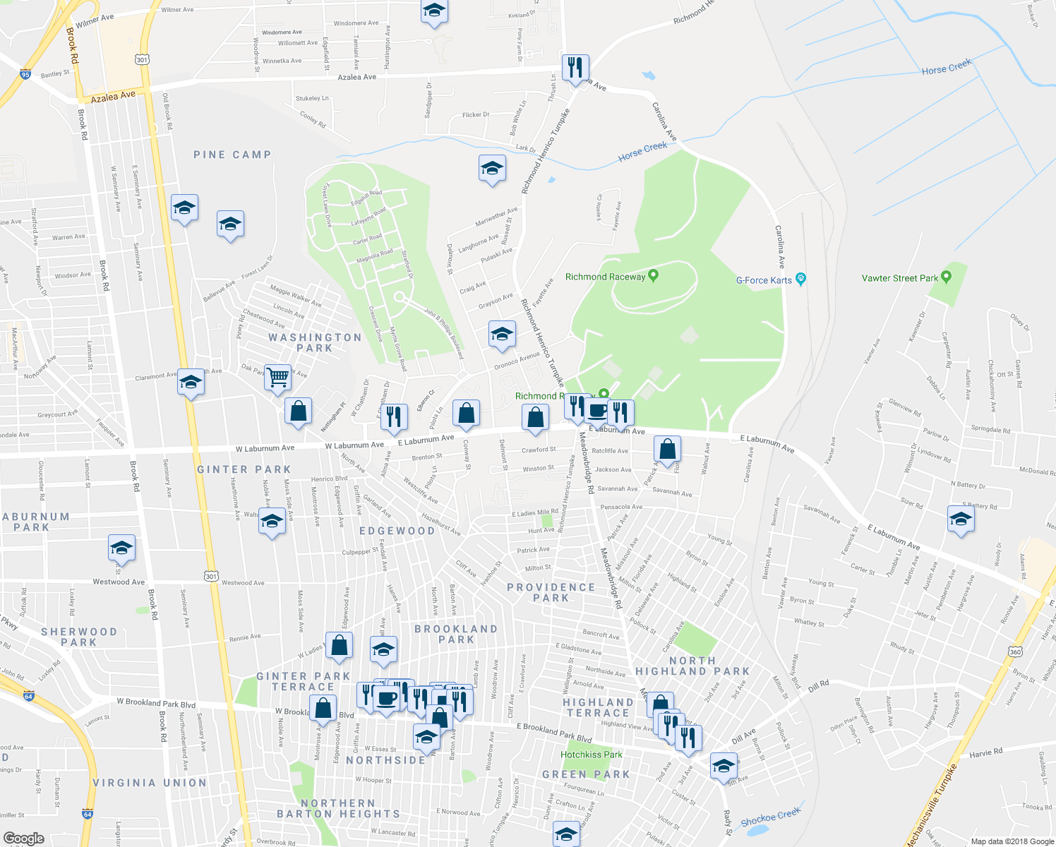 map of restaurants, bars, coffee shops, grocery stores, and more near 3901 Pinalto Drive in Richmond