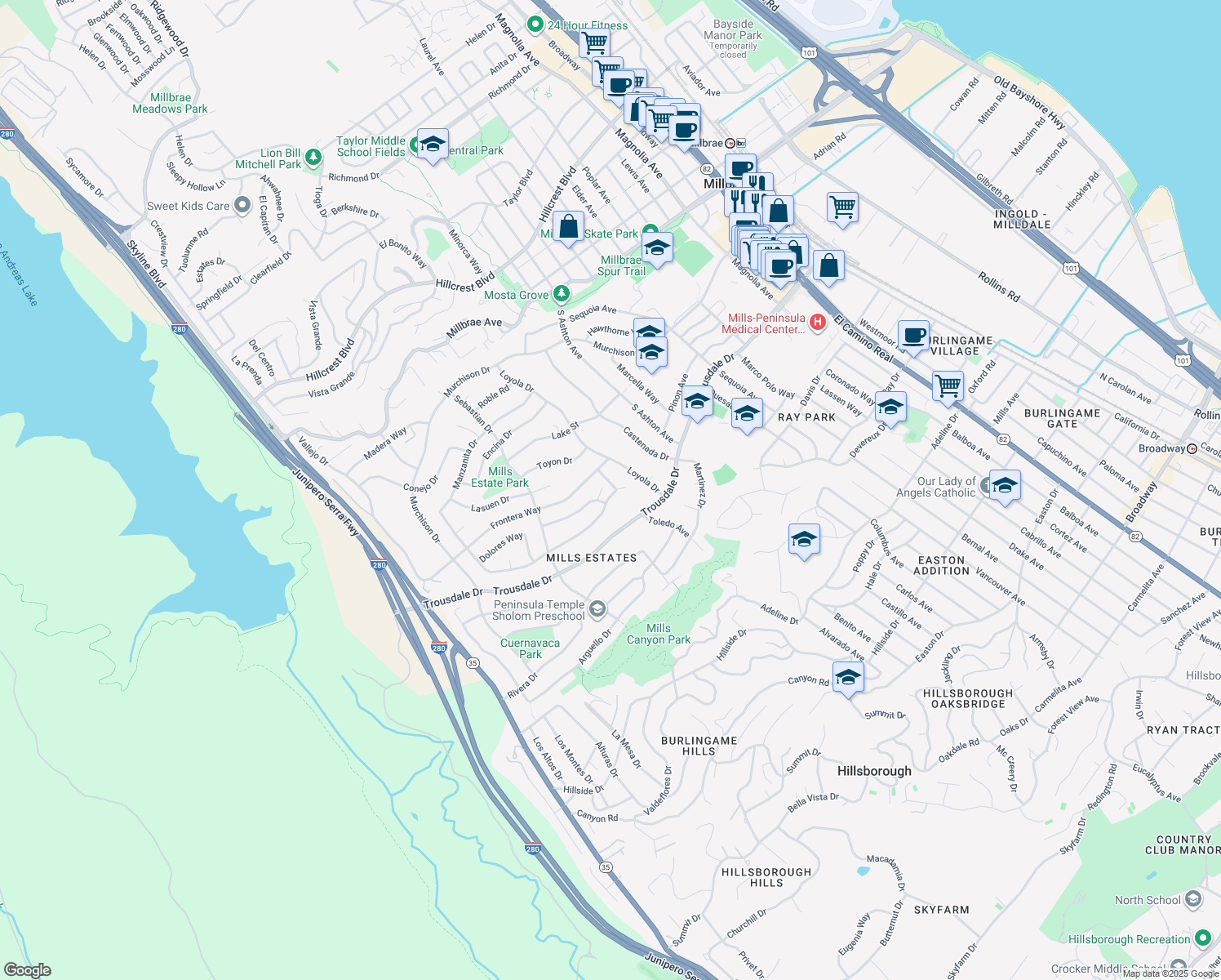 map of restaurants, bars, coffee shops, grocery stores, and more near 2700 Mariposa Drive in Burlingame