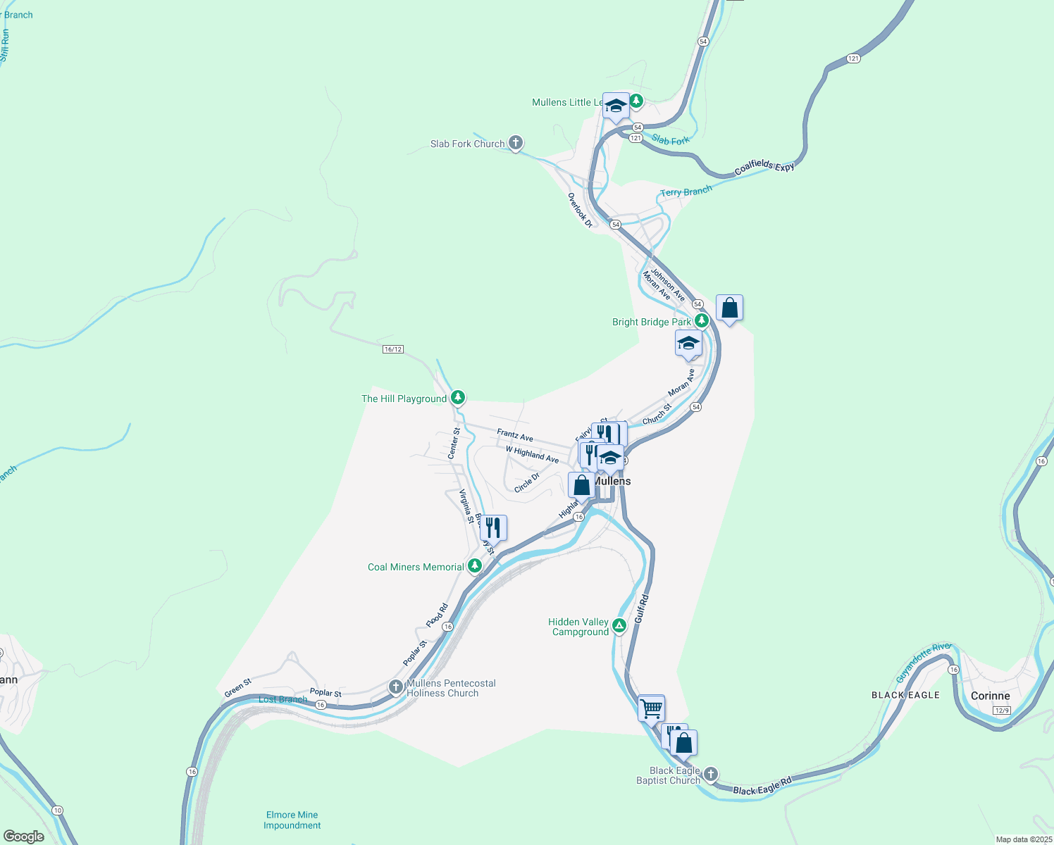 map of restaurants, bars, coffee shops, grocery stores, and more near 618 Rinehart Avenue in Mullens