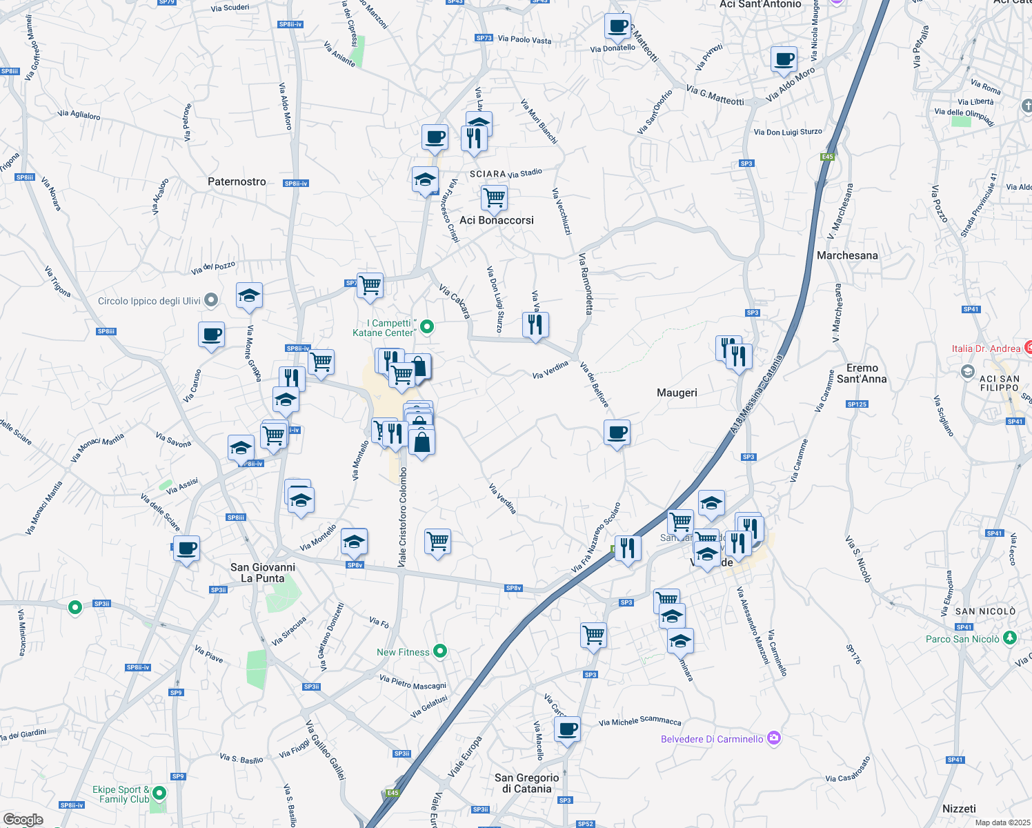 map of restaurants, bars, coffee shops, grocery stores, and more near 29 Via Monaci di Belfiore in Maugeri