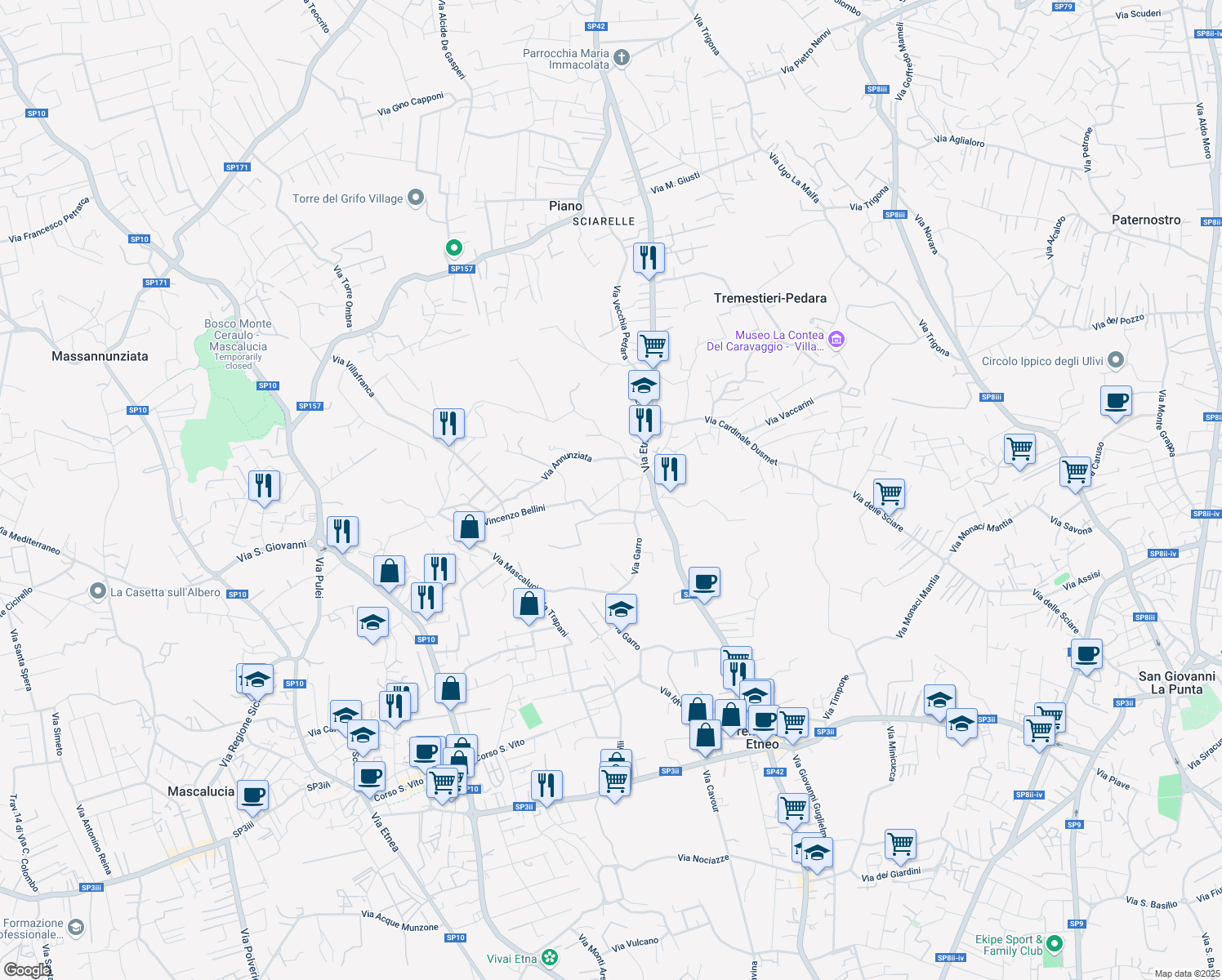 map of restaurants, bars, coffee shops, grocery stores, and more near 22 Via Vincenzo Bellini in Tremestieri Etneo