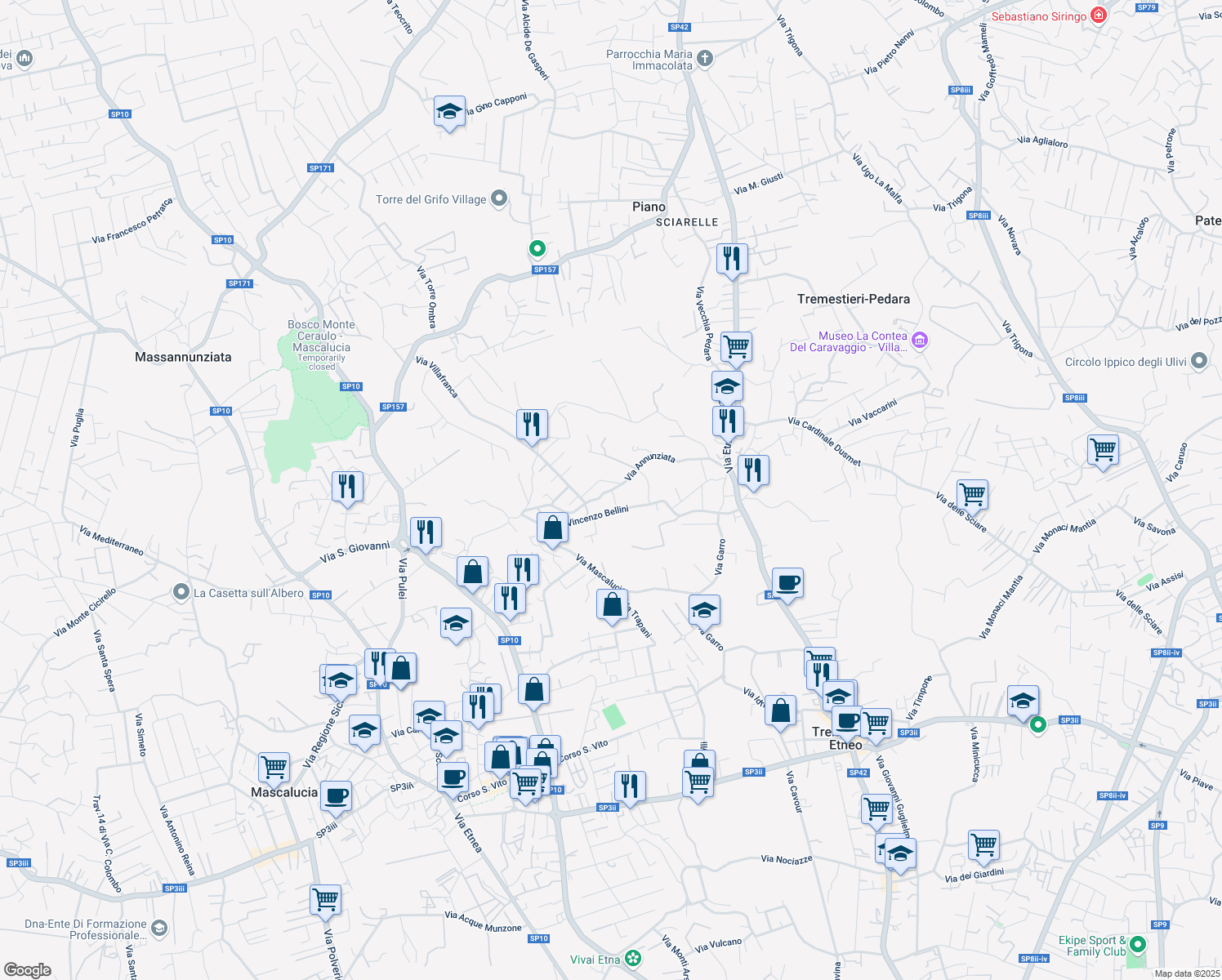 map of restaurants, bars, coffee shops, grocery stores, and more near 74 Via Vincenzo Bellini in Tremestieri Etneo